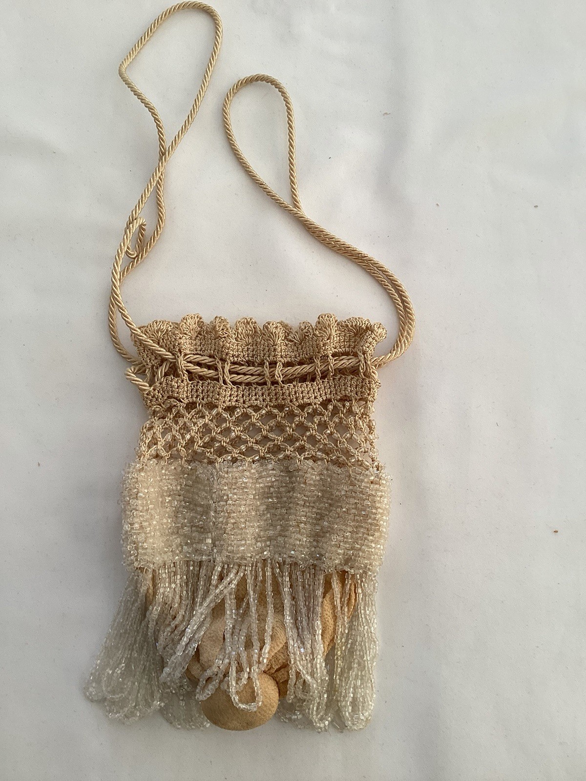 Antique Edwardian Silk Crêpe And Crochet White Glass Beads Reticule Evening Bag