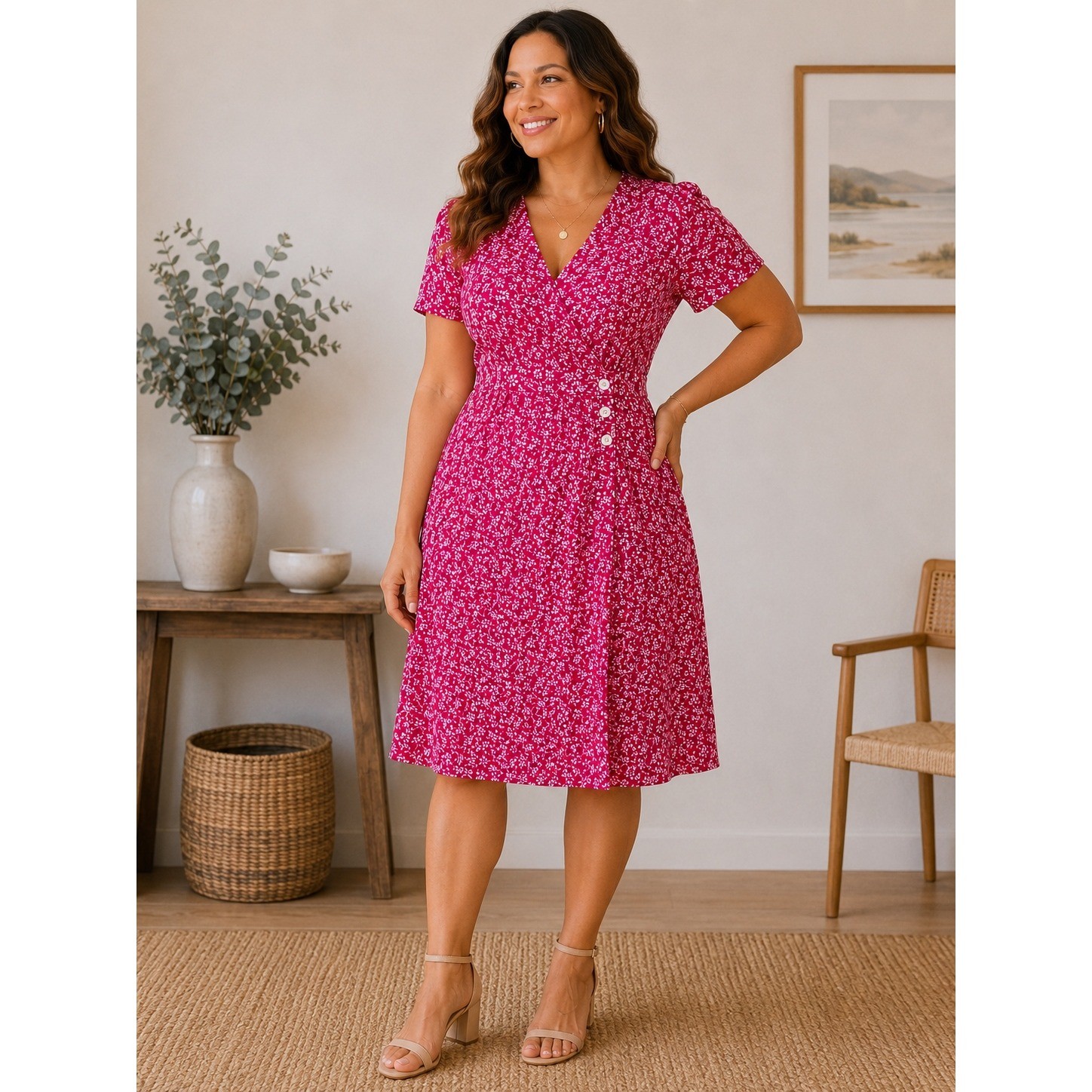 Wms Vintage 90s Midi Dress Pink Floral Faux Wrap Cottagecore Petites for Maggy