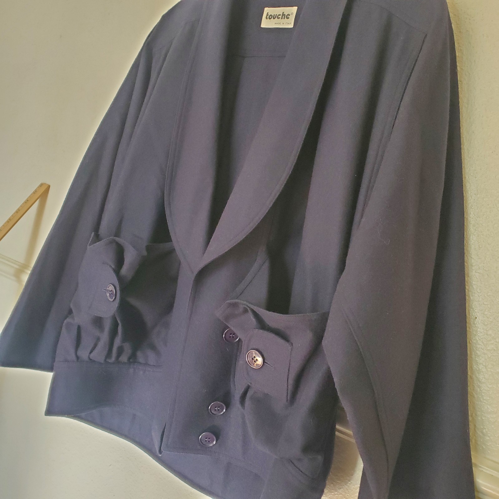 Vintage Touche Italy Navy Wool Cashmere Blend Shawl Collar Pocket Jacket Size 42