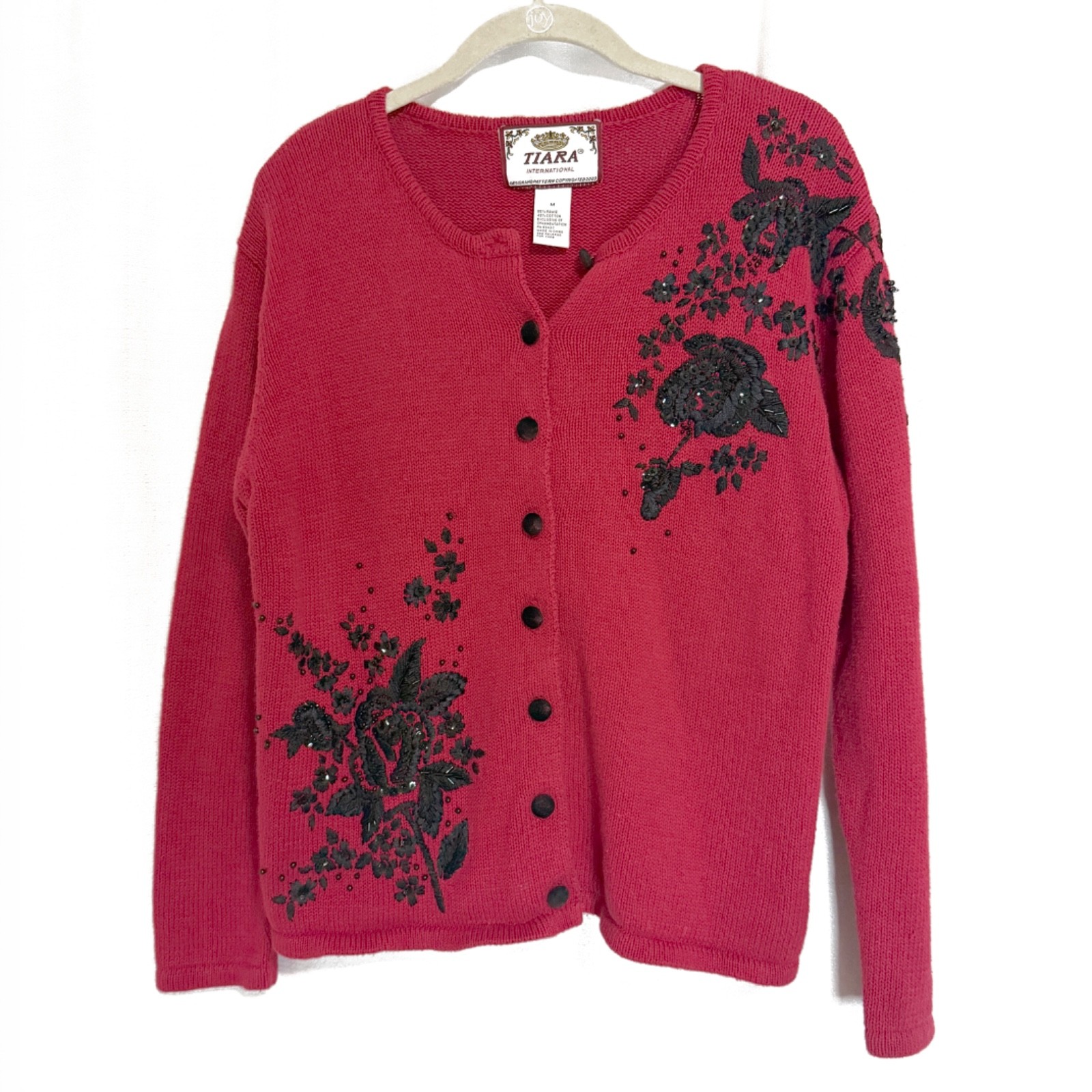 Vintage 90s Red Pinup Cardigan With Black Floral Embroidery and Beading Size M