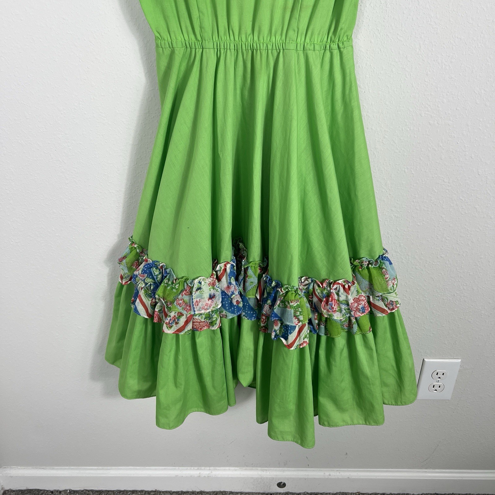 Vintage 70s Square Wear Square Dance Dress Green Floral Cottage Country Medium