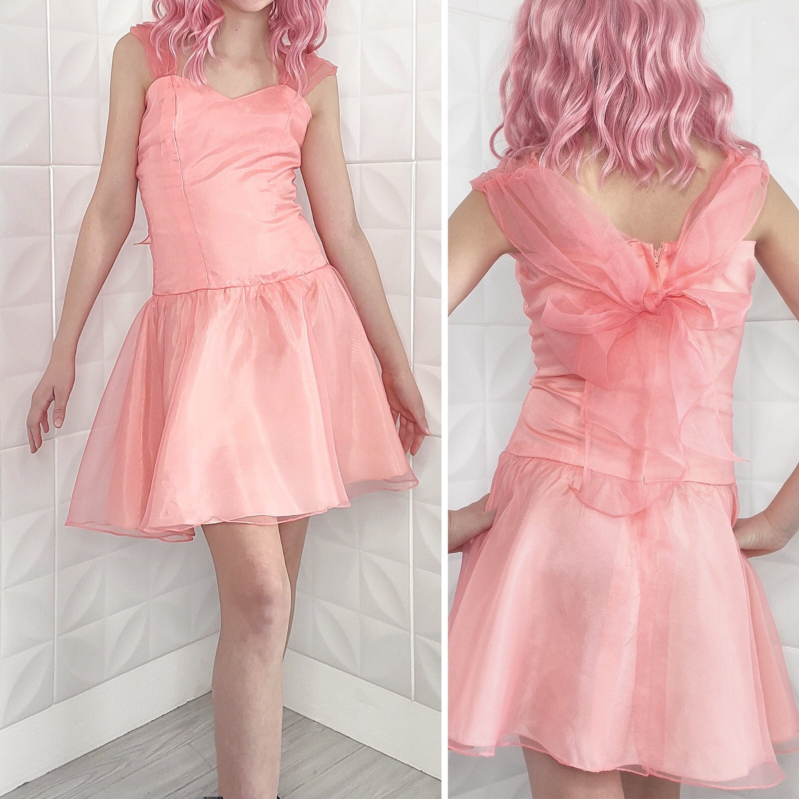 Vintage 80s 90s Peach Fairy Mini Dress Organza Party Bow Drop Waist Prom XS/S