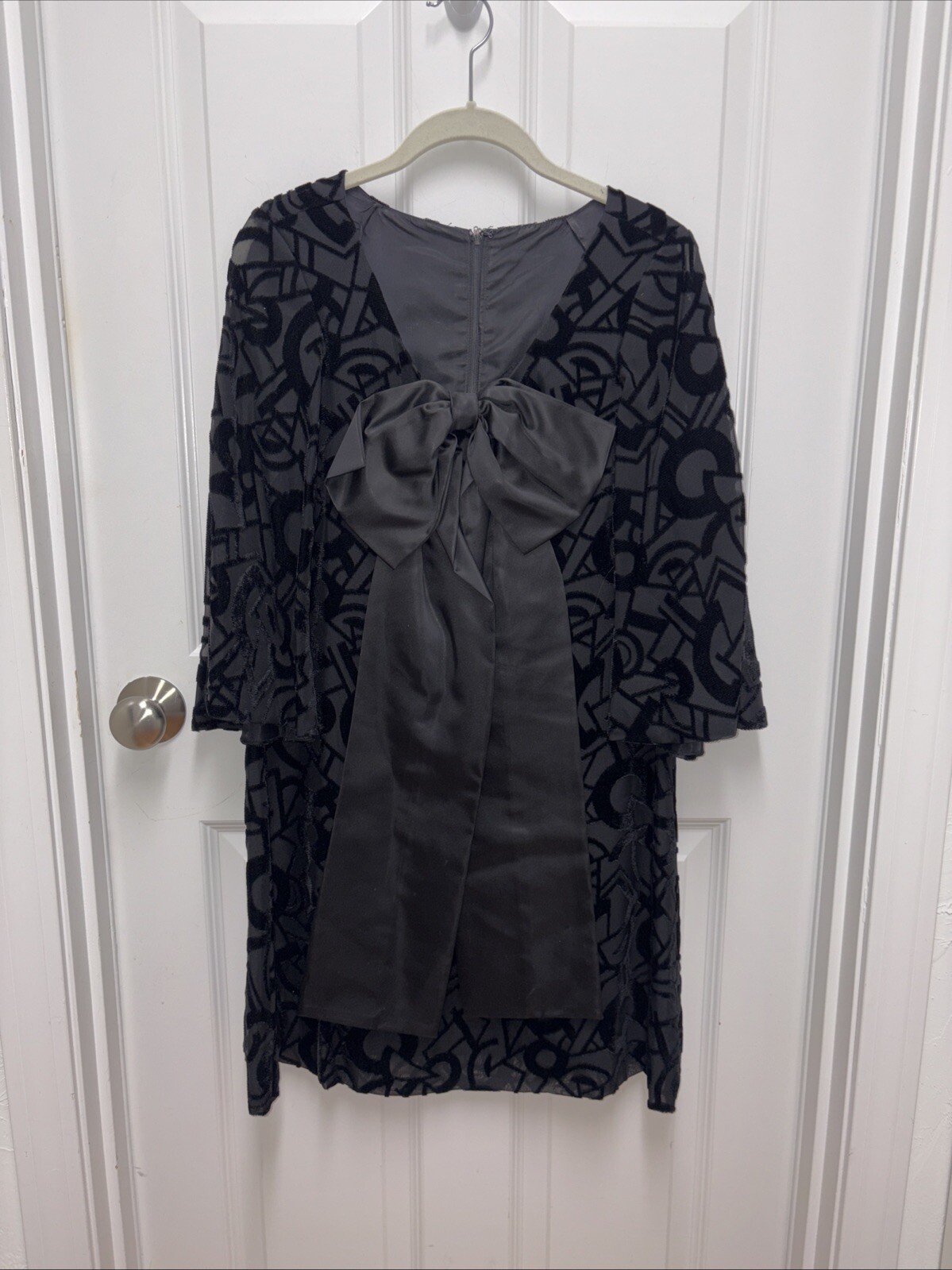 Vintage 1965 Evening Cocktail Dress Black Velour Embossed Bell Sleeve Big Bow