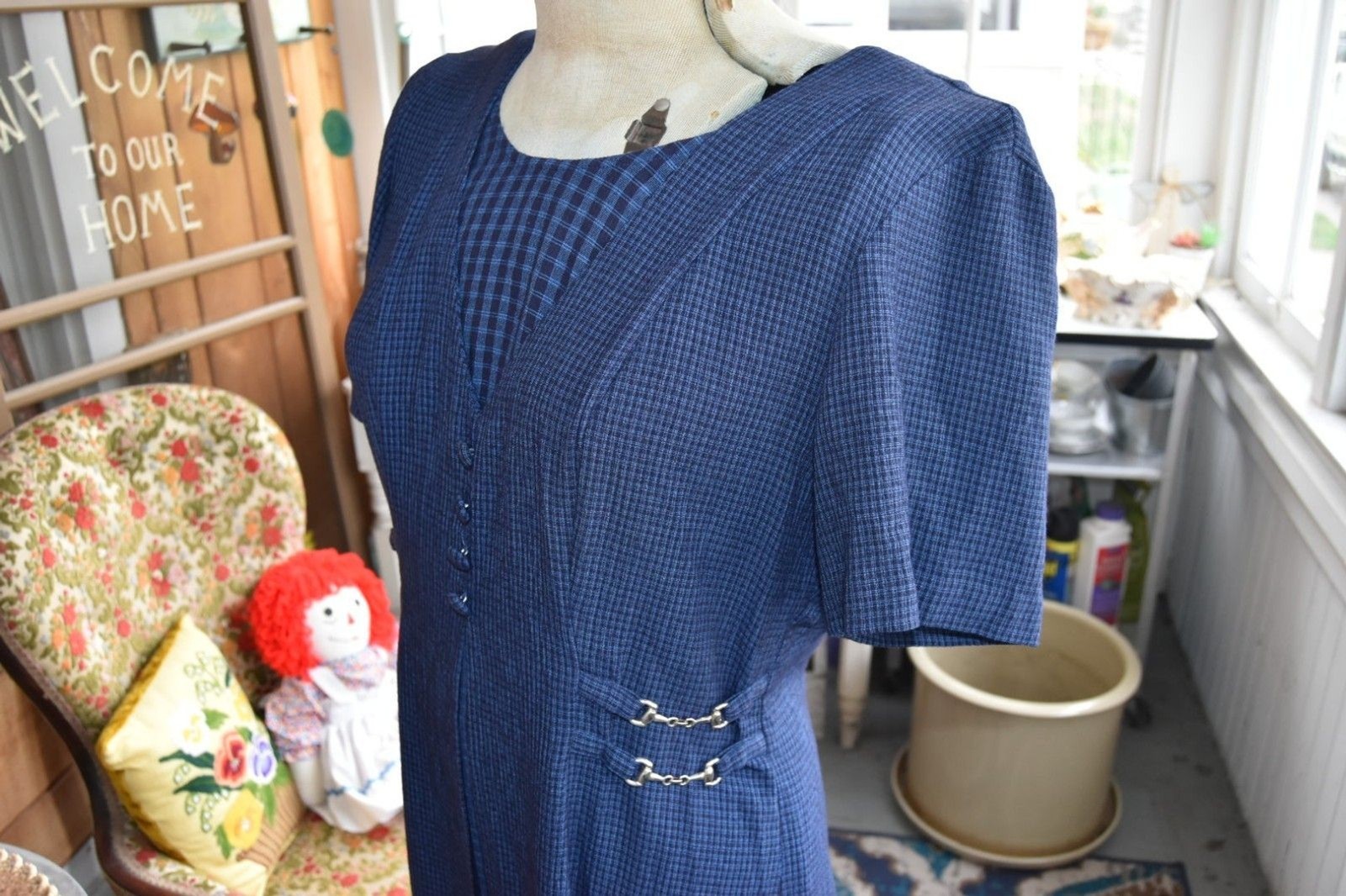 Vintage 80s 90s TR Bentley Tight Plaid Dress Tie Back Metal Details Size Large