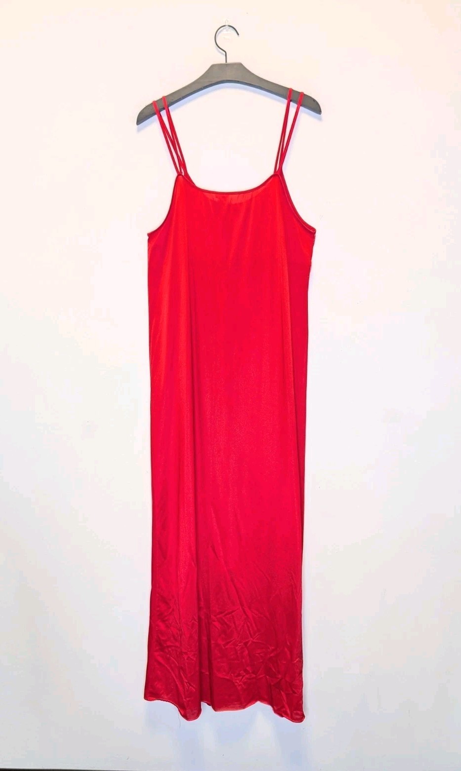 Vintage Red Lace Maxi Slip Dress Double Strap Sheer Nylon Nightgown M 90s Y2K