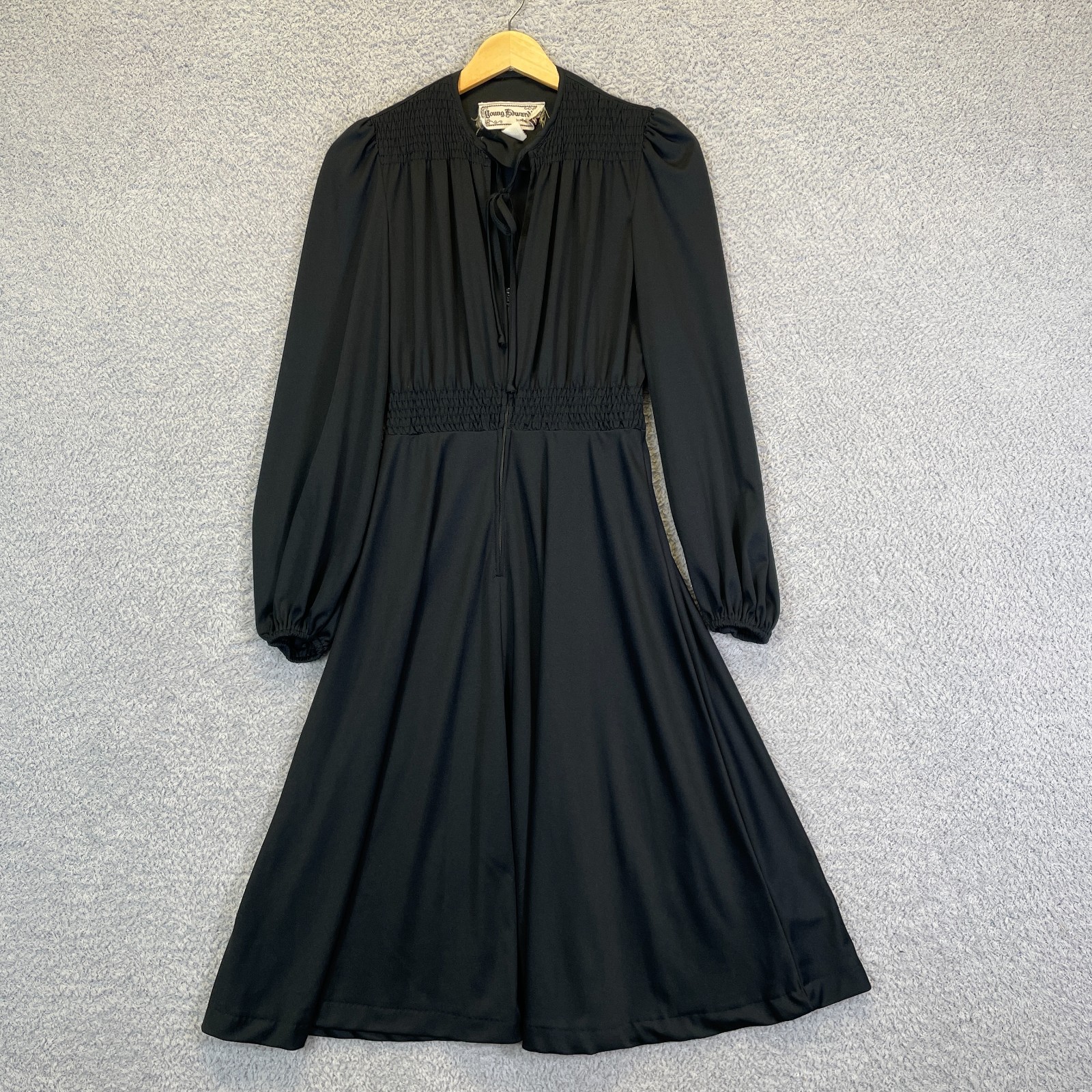 Vintage 70s Young Edwardian by Arpeja Smocked Black Dress Gothic Romantic Small