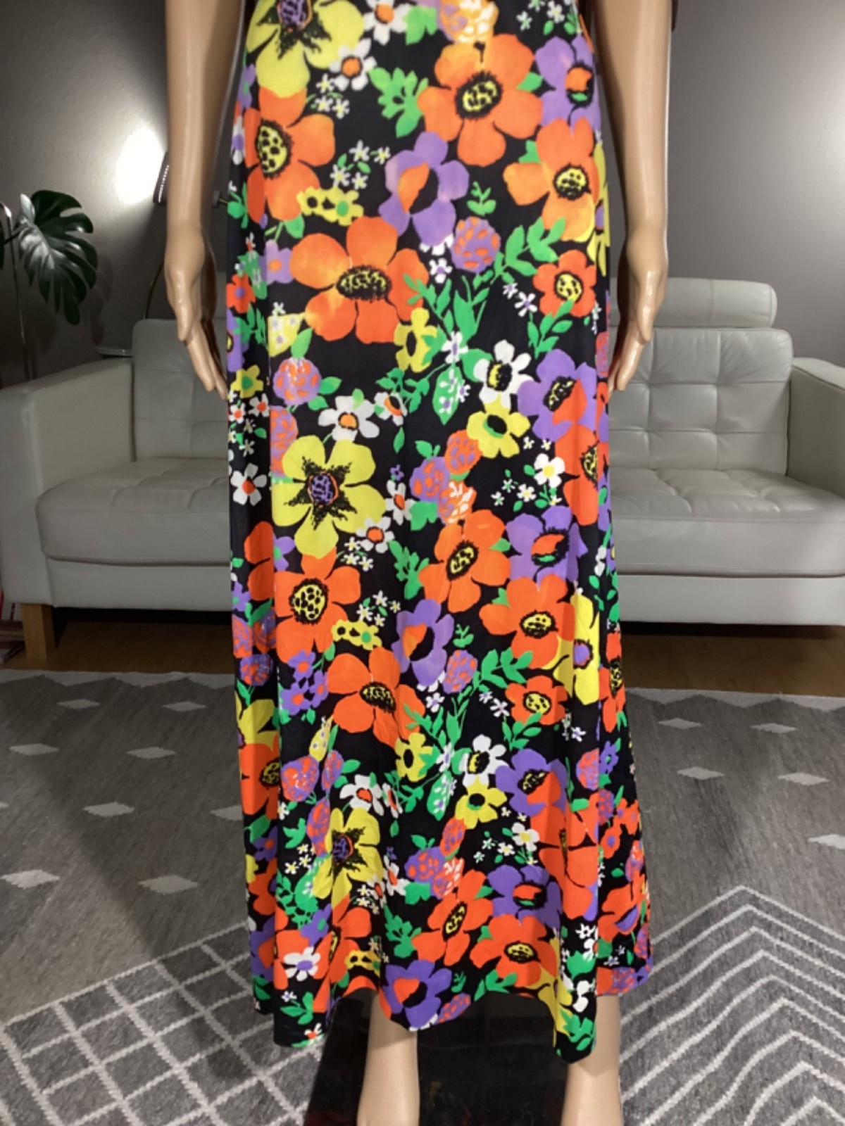 Vintage 70’s Joseph Magnin Bright Floral Flower Power Ruffle Halter Maxi Dress