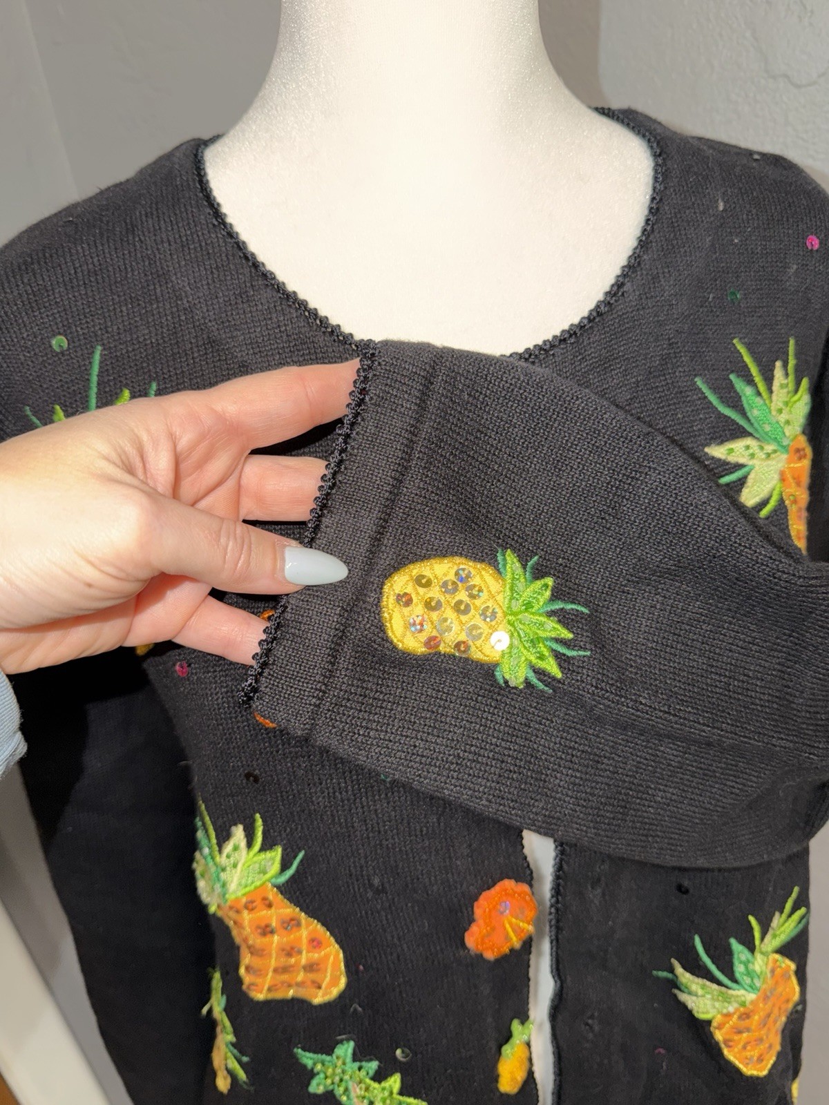 Jack B. Quick Pineapple Cardigan Size Petite Large Tropical Palm Trees 90’s