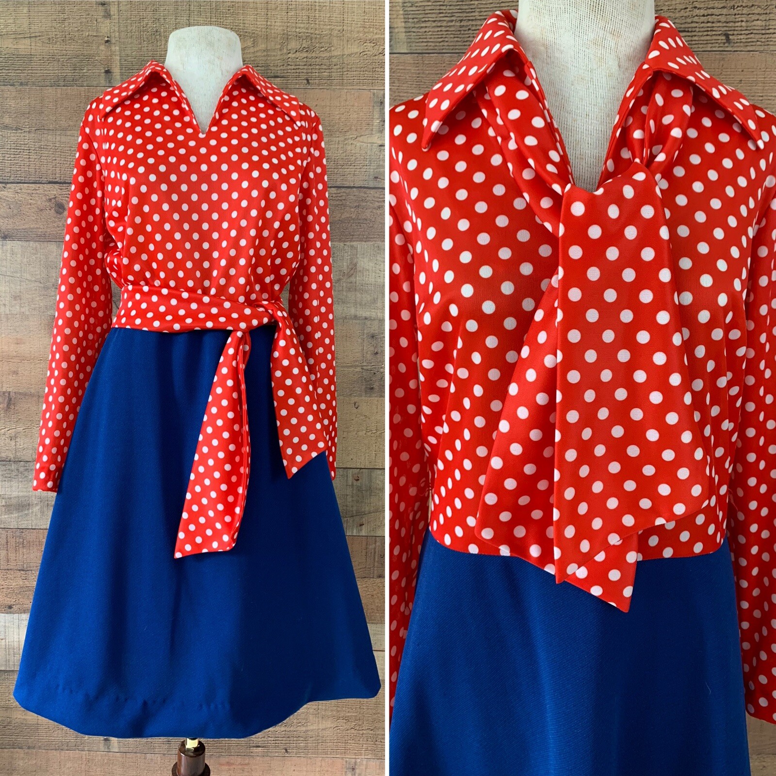 Vintage 1970’s Shady Lane Polka Dot Pointy Collar Dress M/L