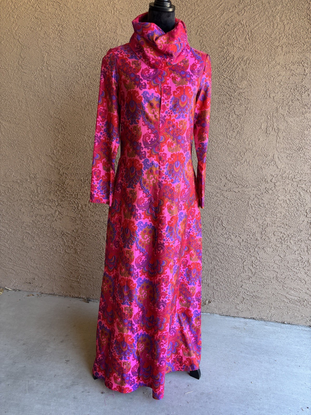 Vintage Thai Silk Bright Pink Psychedelic Cowl Neck Maxi Dress