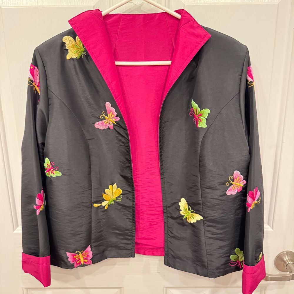 Vintage Black Silk Butterfly Embroidered Asian Style Jacket Hot Pink Trim sm/med