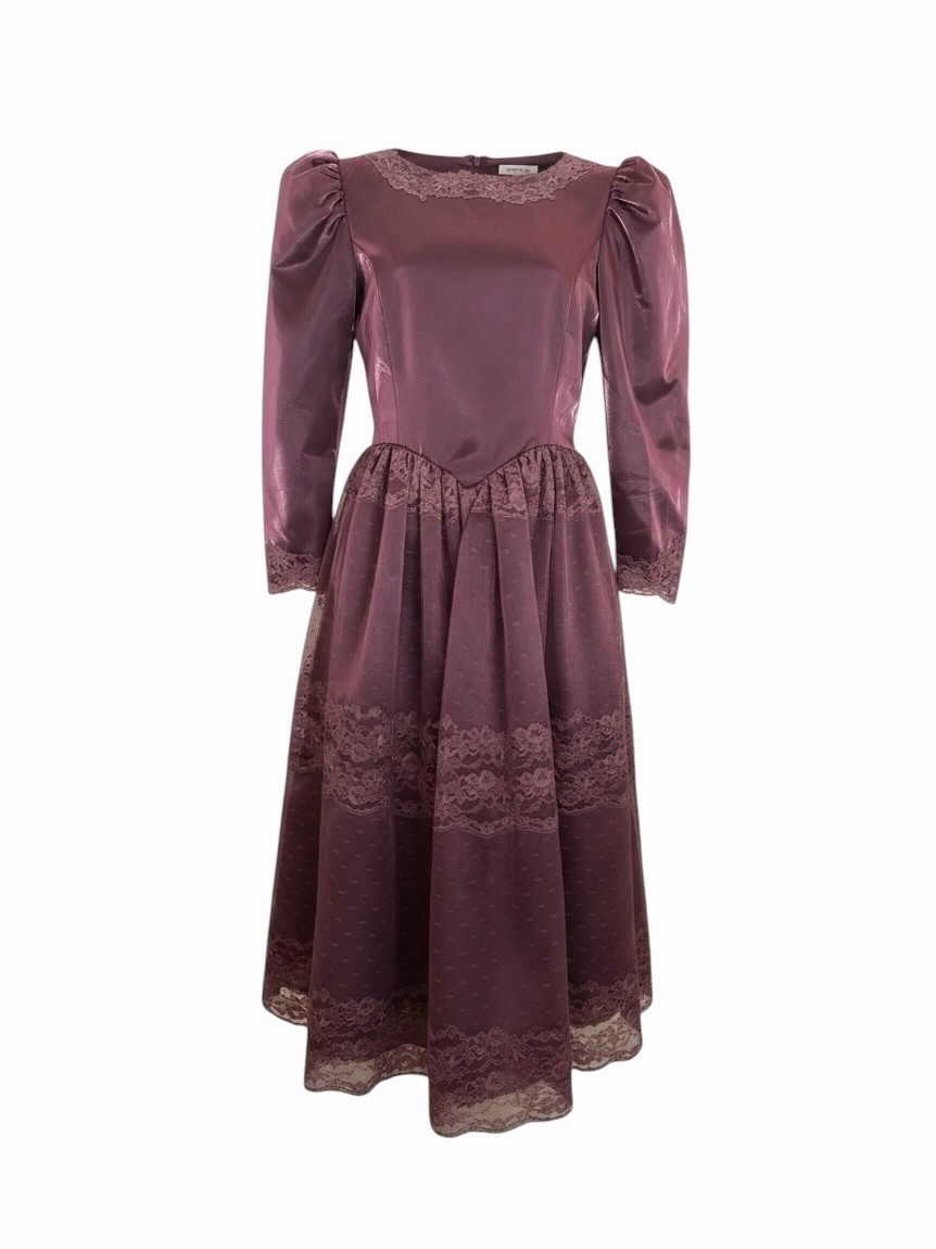 Vintage 80s Iridescent Purple Satin Lace Dress Size S M