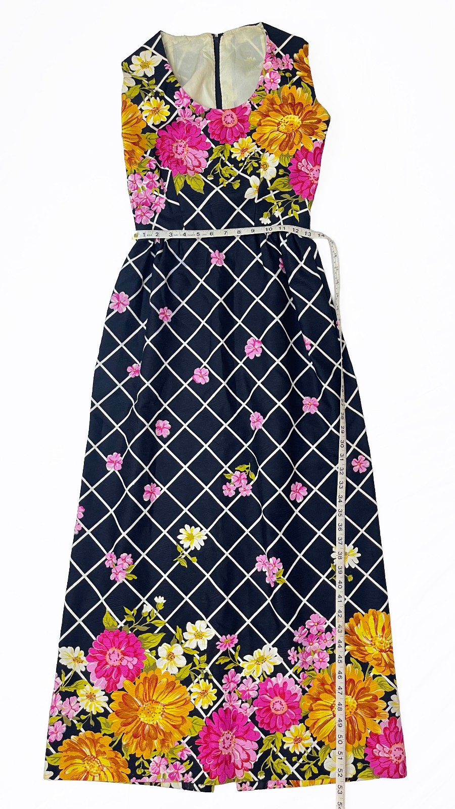 Vintage 1970s Floral Maxi Dress Pink Orange Border Print Black Sleeveless S