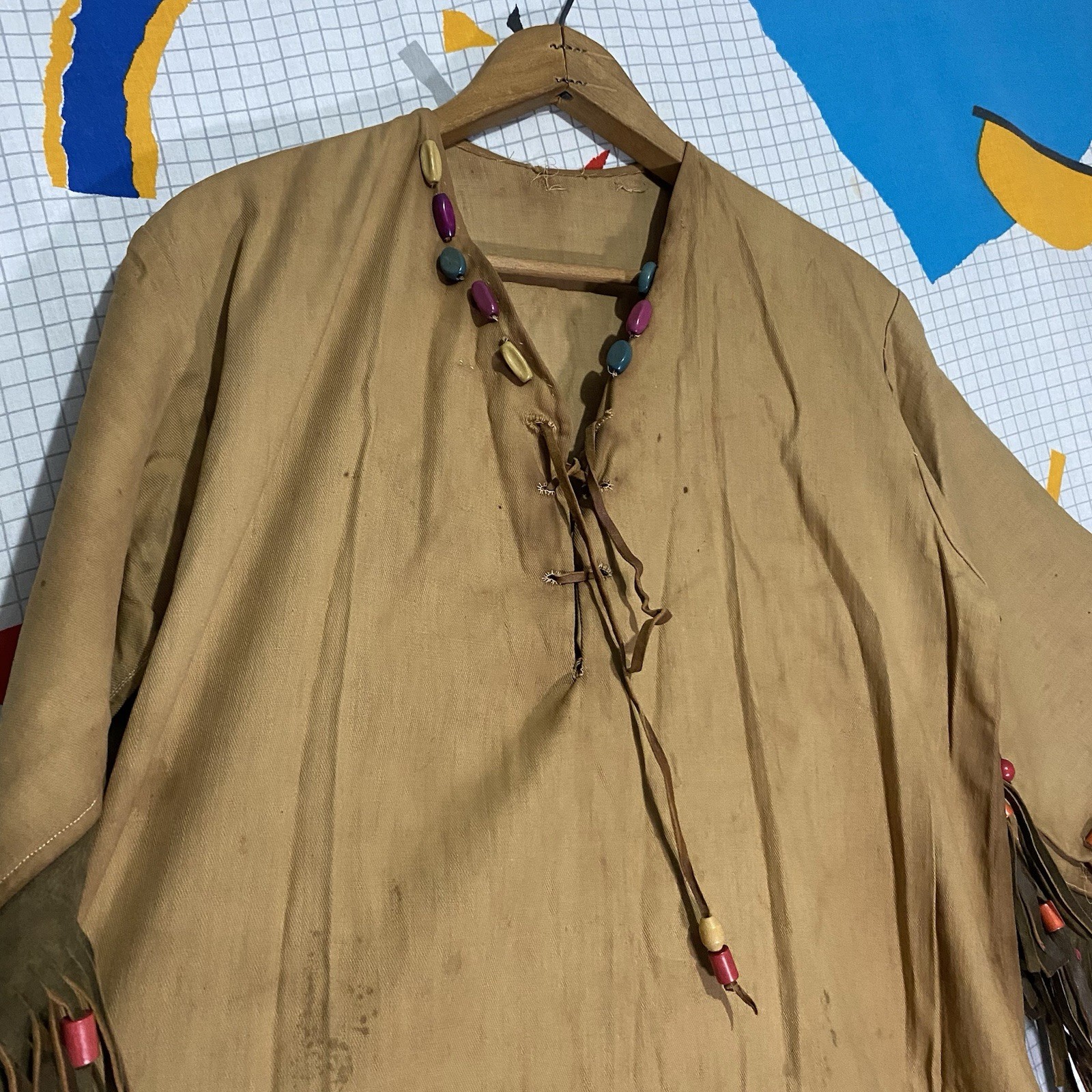 Antique 20s 30s Native Gown Leather Fringe Beads Patches Campfire Girls Navajo
