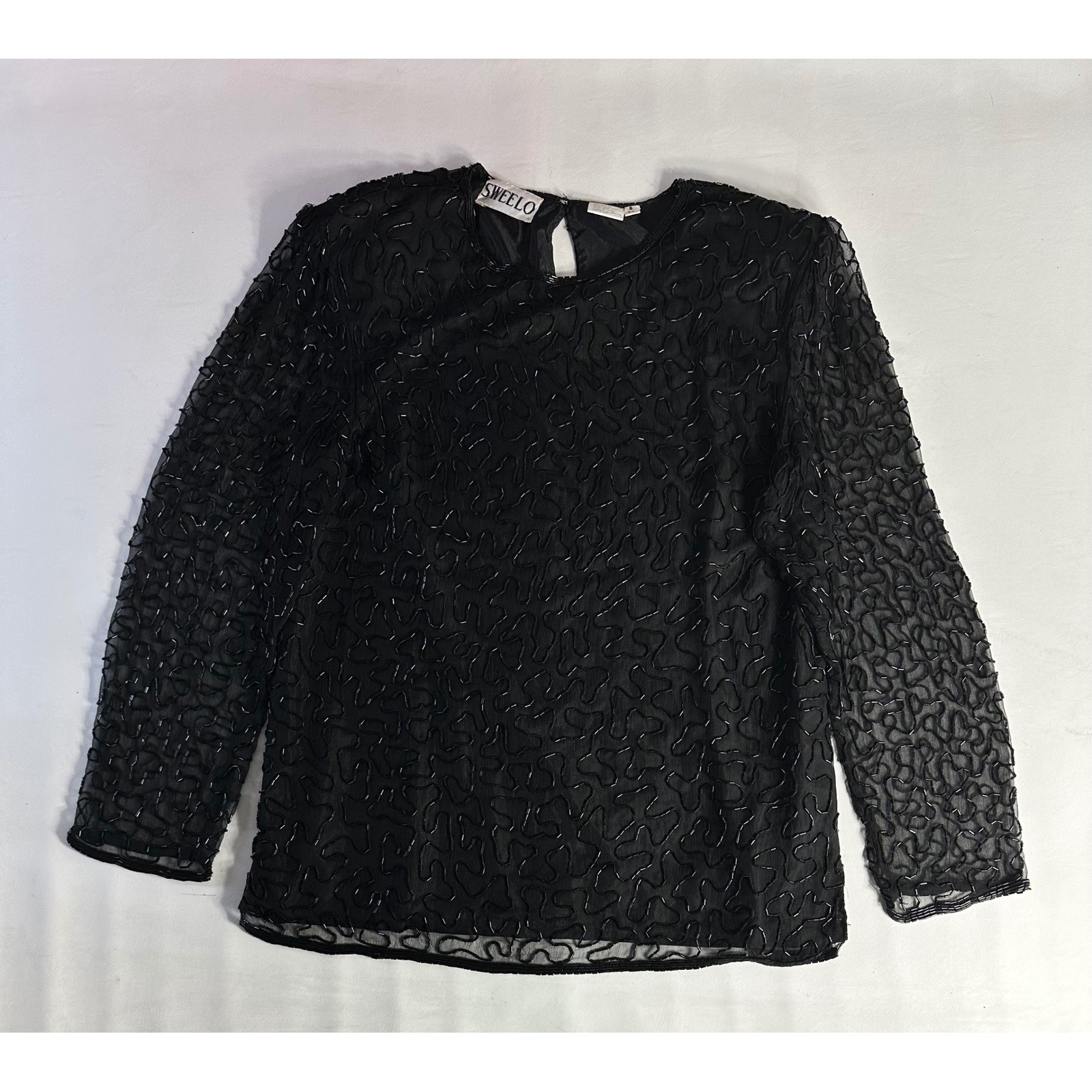 Sweelo Vintage Black Beaded Silk Top Sheer Long Sleeve Evening Blouse Small 6-8