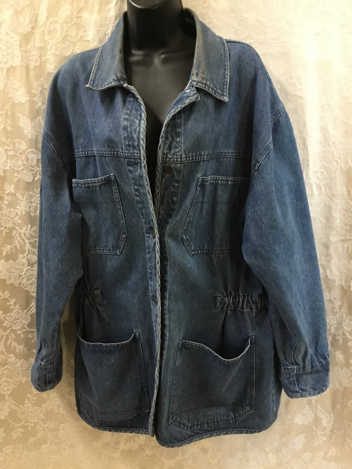 Vintage Boundary Waters Denim Barn Chore Coat Large jean jacket cinched waist