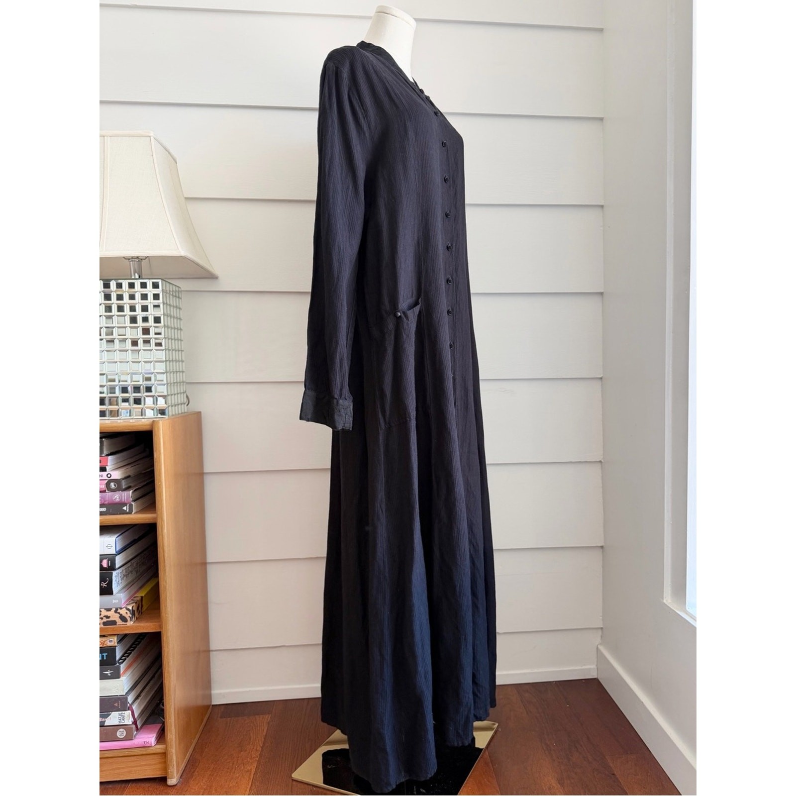 Vintage FLAX by Jeanne Engelhart Black Linen Button-Down Maxi Dress size M