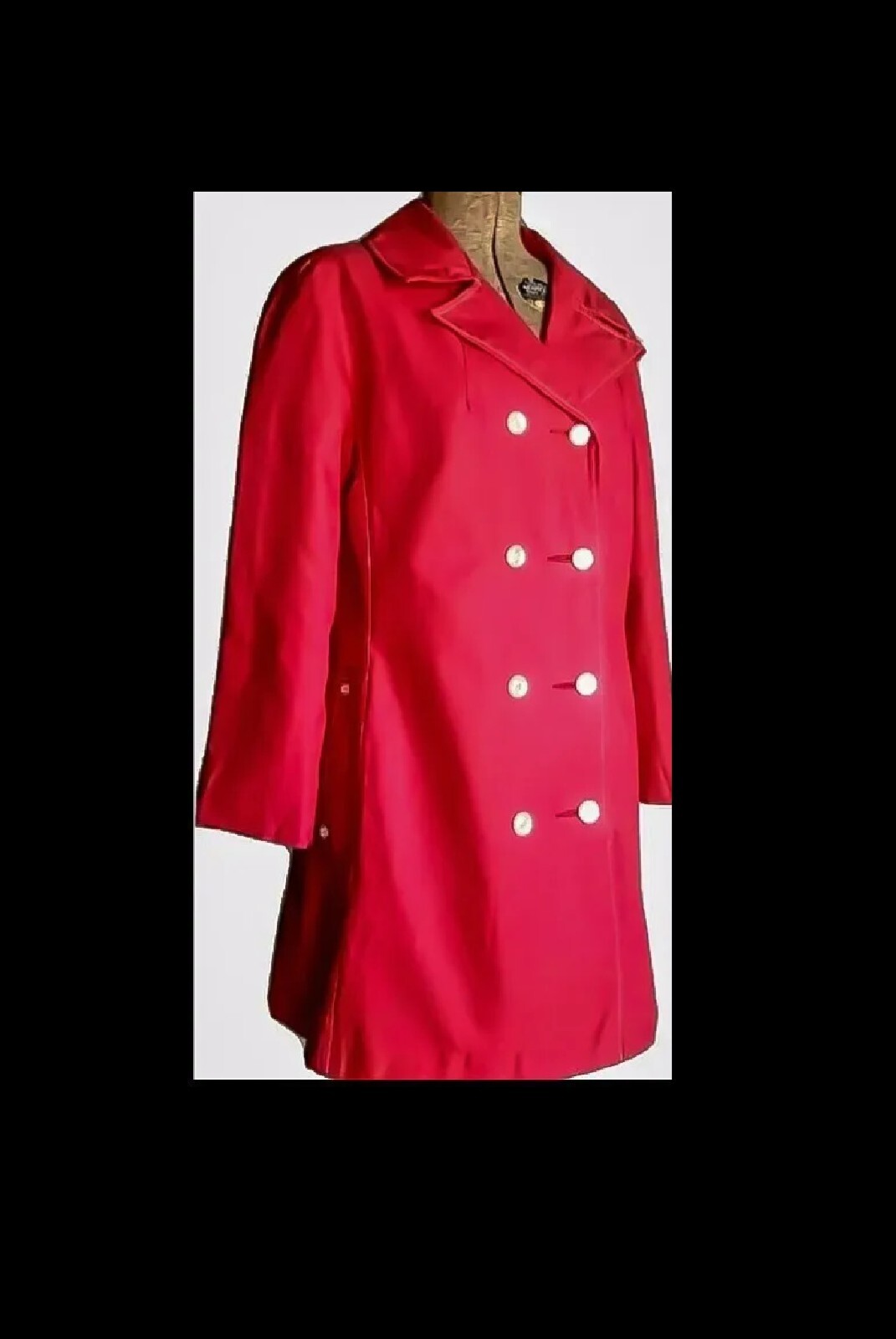 VTG 60s Mod Short Raincoat Nylon Blend Double Breasted Lucite Buttons Rose Red M