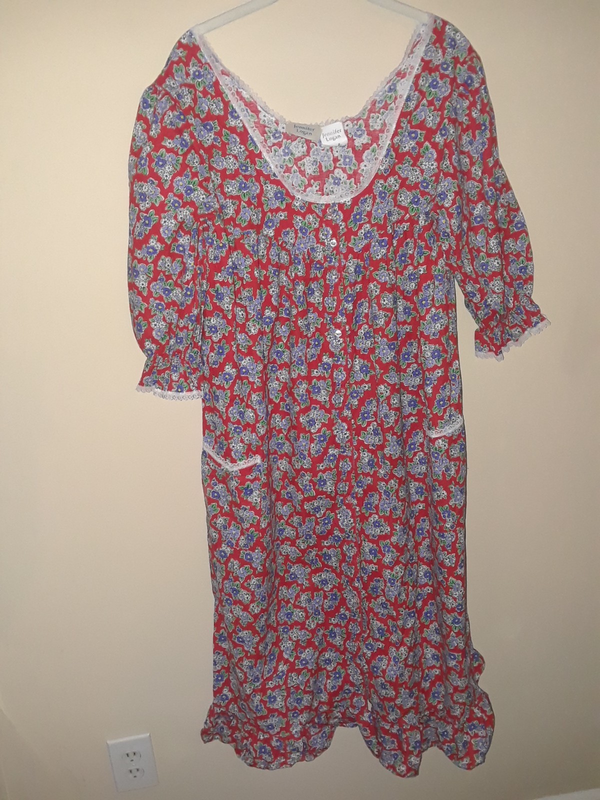 Vtg Jennifer Logan Red Blue Floral Prairie Nightgown Housecoat Dress Sz L USA