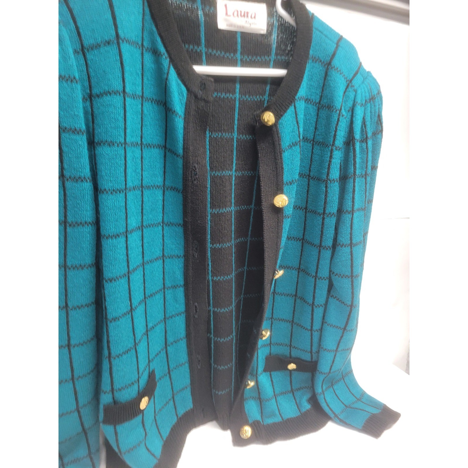 Vintage Laura by Alyzia Teal Black Grid Cardigan Sweater Gold Buttons USA Made