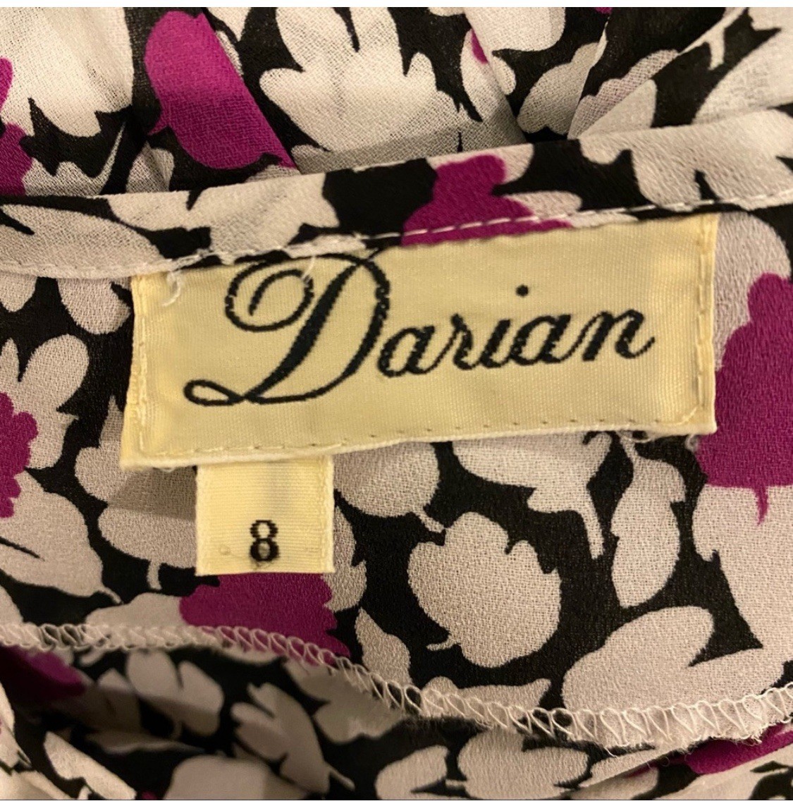 Vintage Darian Floral Dress Black White Purple Midi Short Sleeve Size LARGE