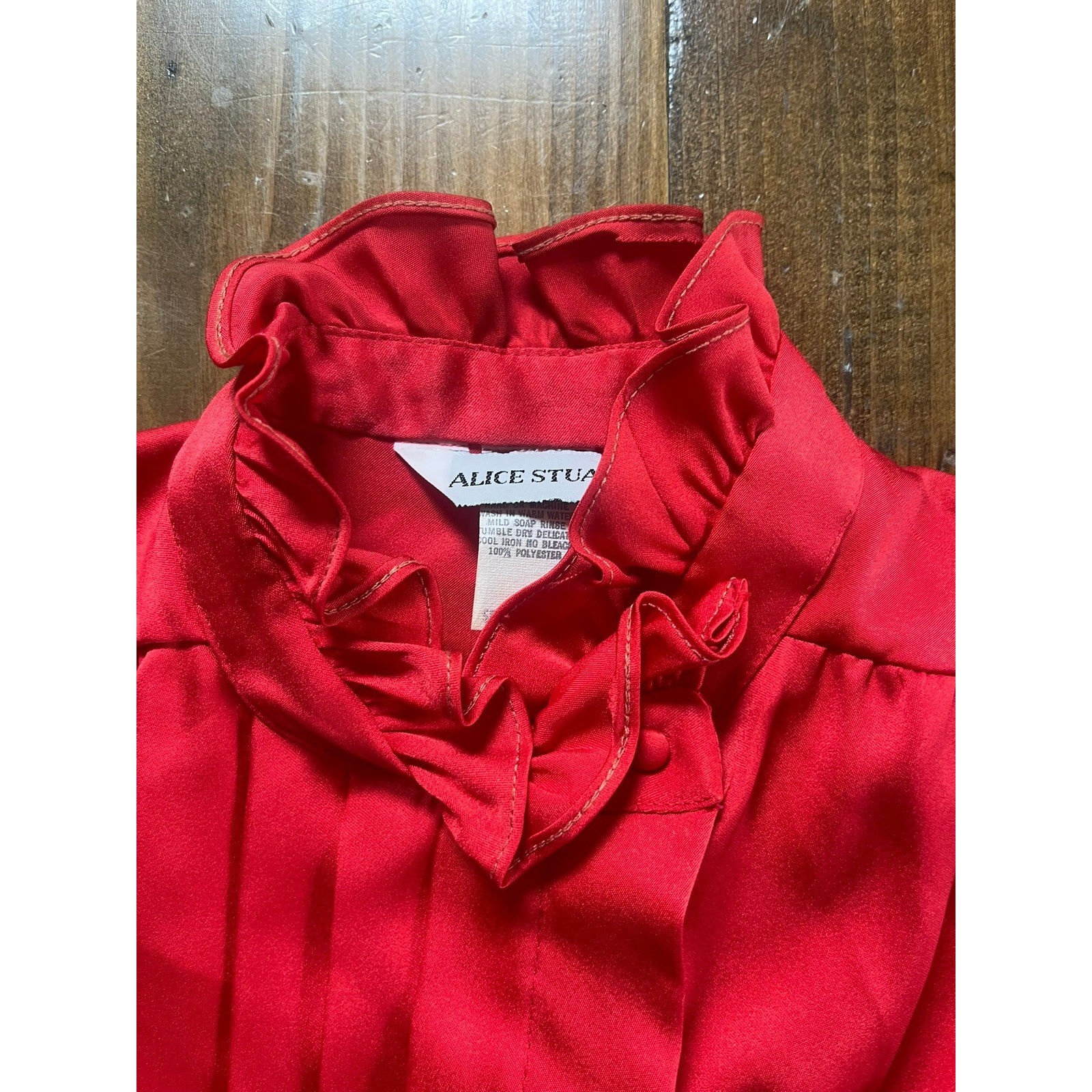Vintage Alice Stuart Red Satin Ruffle Blouse 1980s High Neck Secretary Top Sz 8