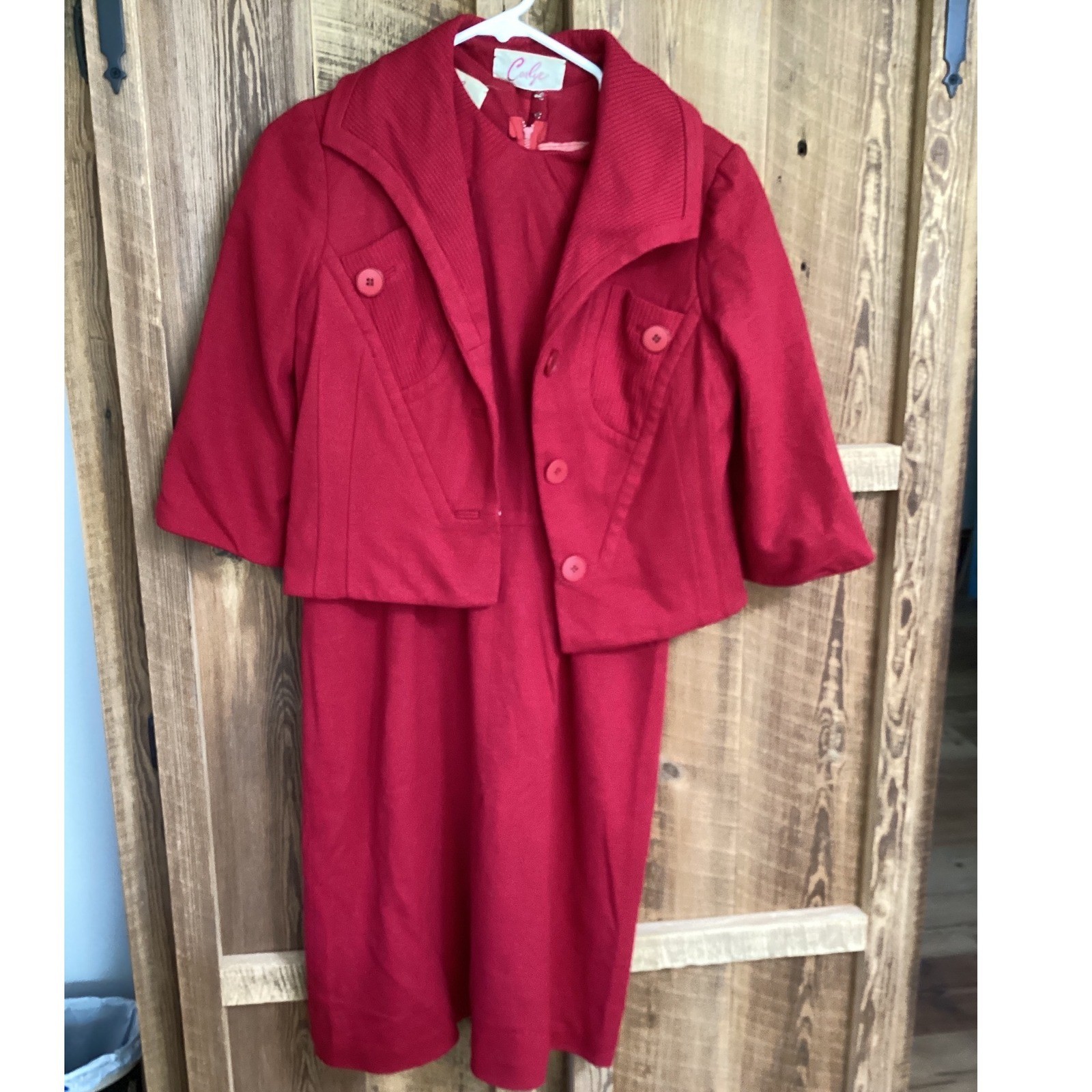 Carlye Vintage Red 2 Piece Sheath Dress and Cropped Jacket Set Ribbed Trim