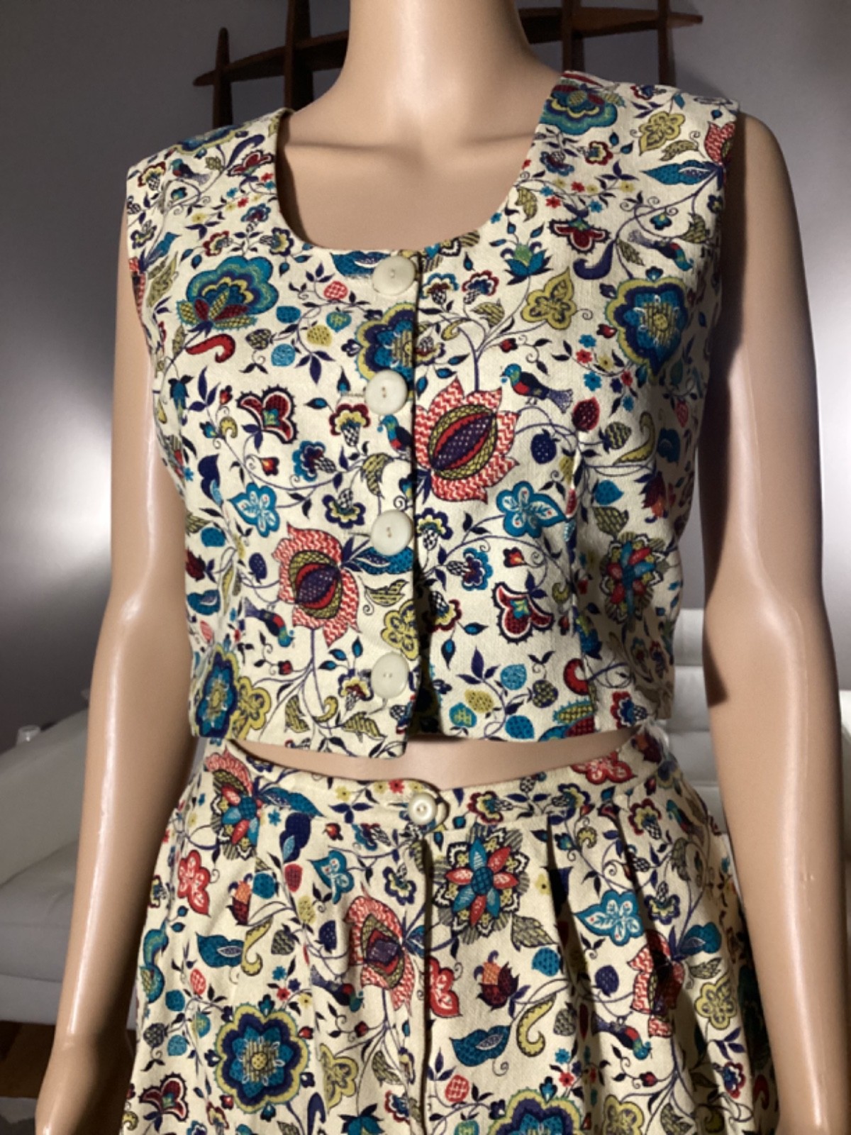 Vintage 60’s 70’s Garland Cotton Floral Bird Print Skirt & Top Set Boho Hippie