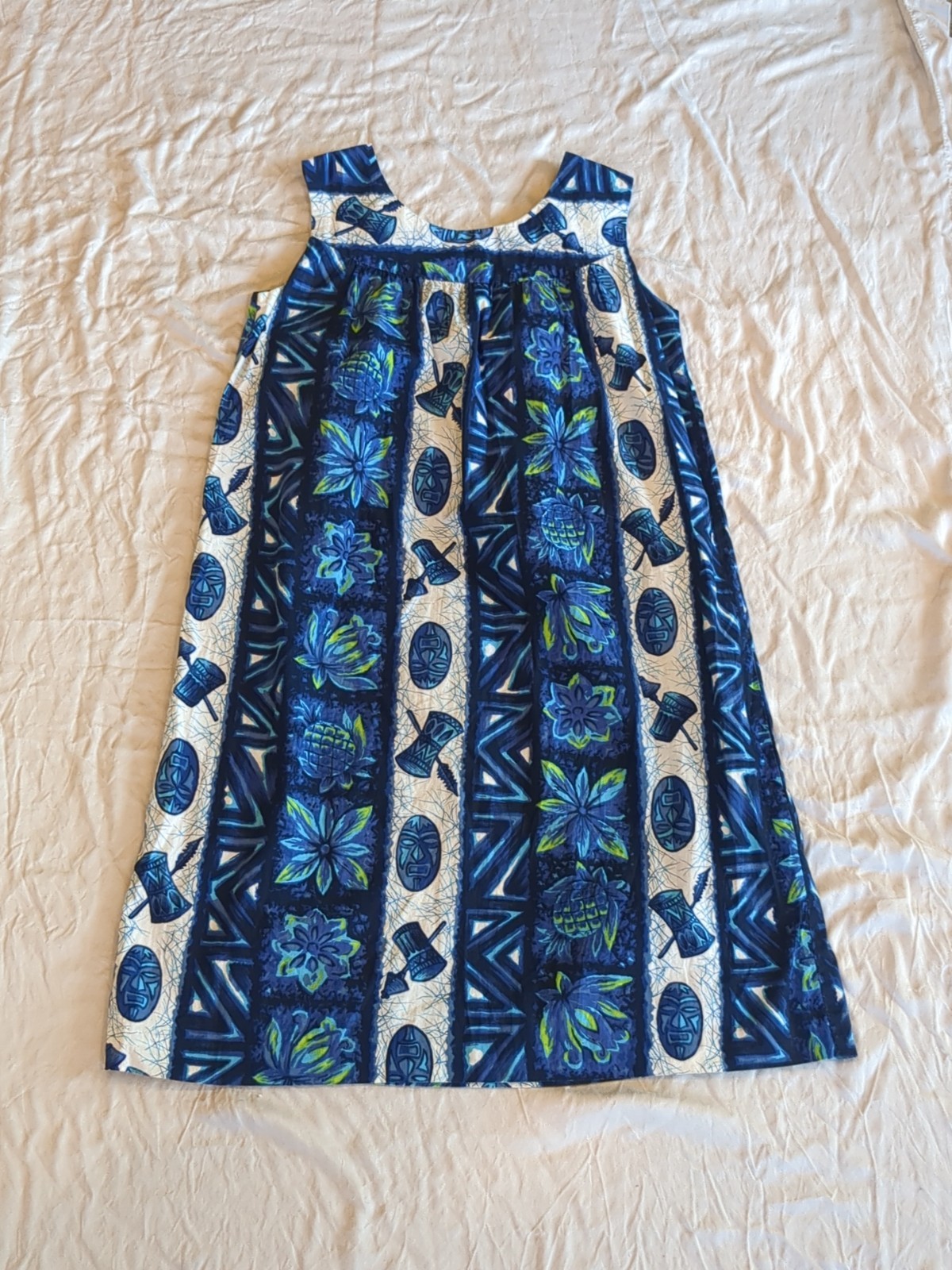 Vtg 60s Ui-Maikai Tribal Drum Floral Sleeveless Dress Made In Hawaii Sz Small