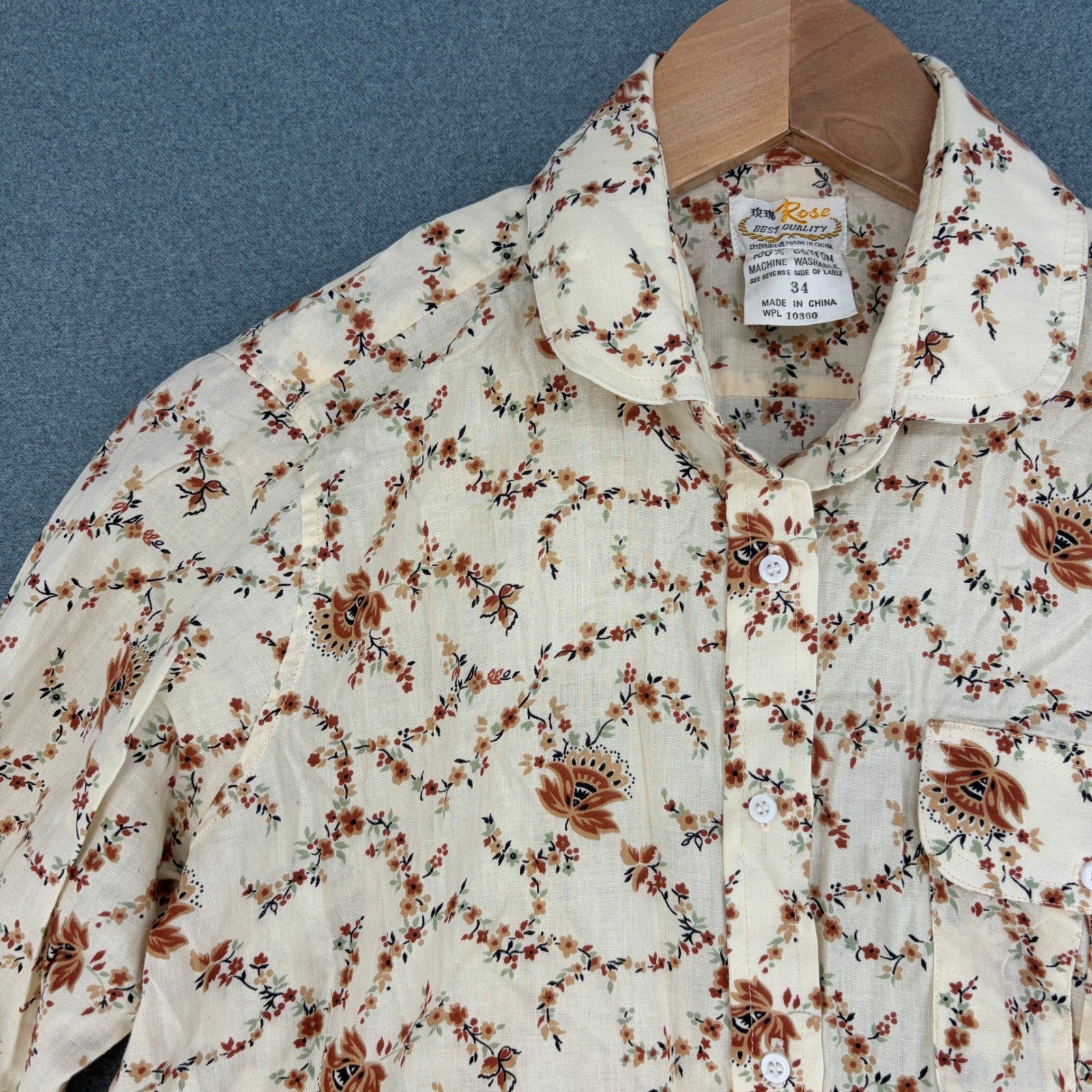 Rose Best Quality Vintage Floral Cotton Button Up Shirt Cream Brown XS Western