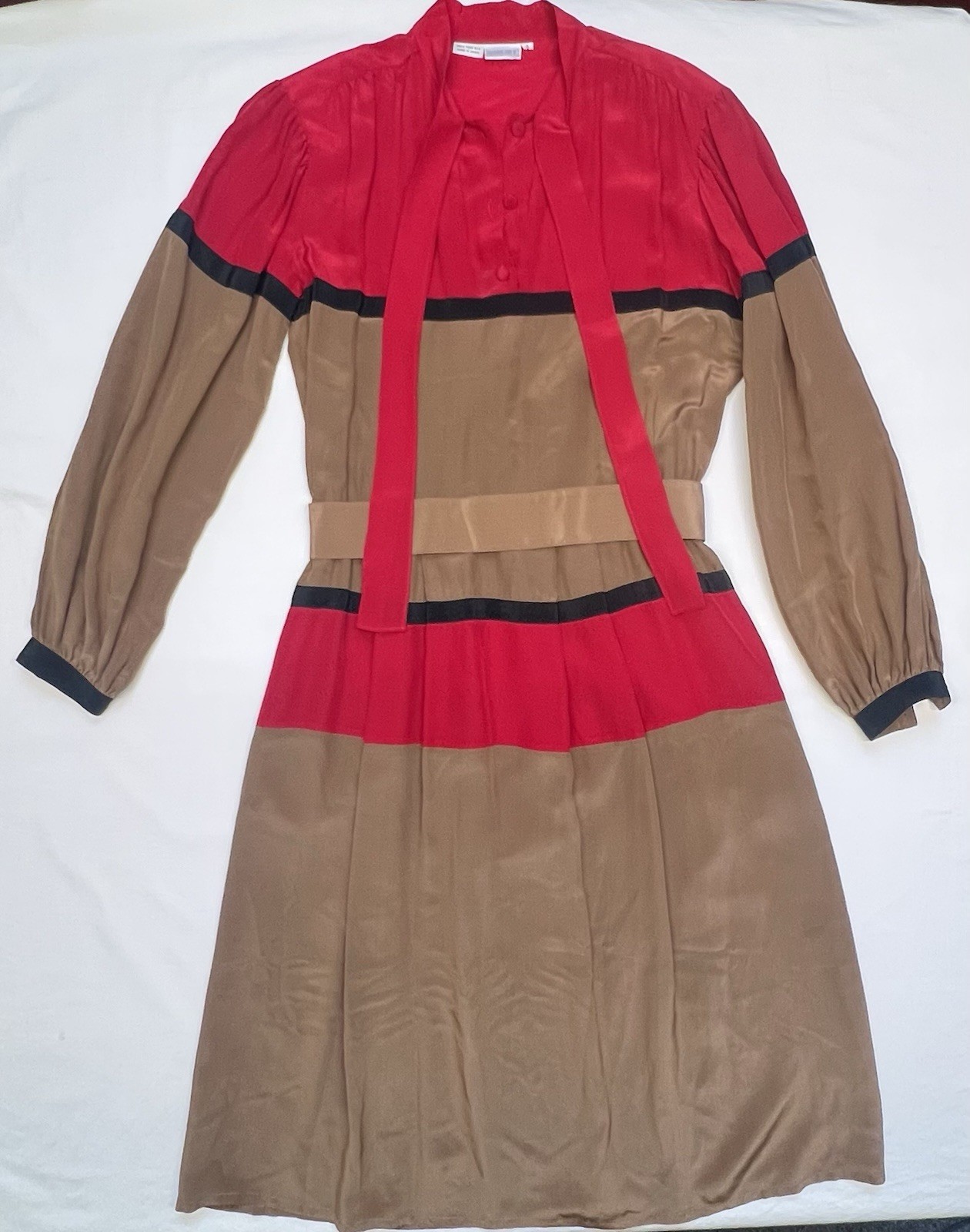 Vintage Color block Silk Secretary Dress Tomato Red Khaki Brown Black