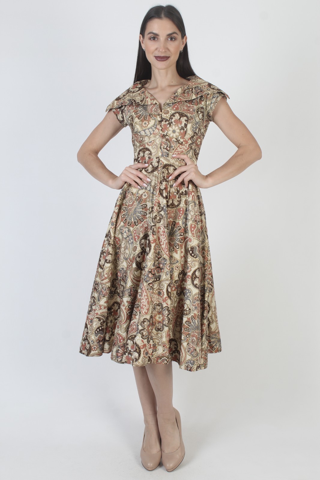 Vtg 50s Paisley Rockabilly Dress Full Circle Skirt Pin Up Atomic Bombshell Midi