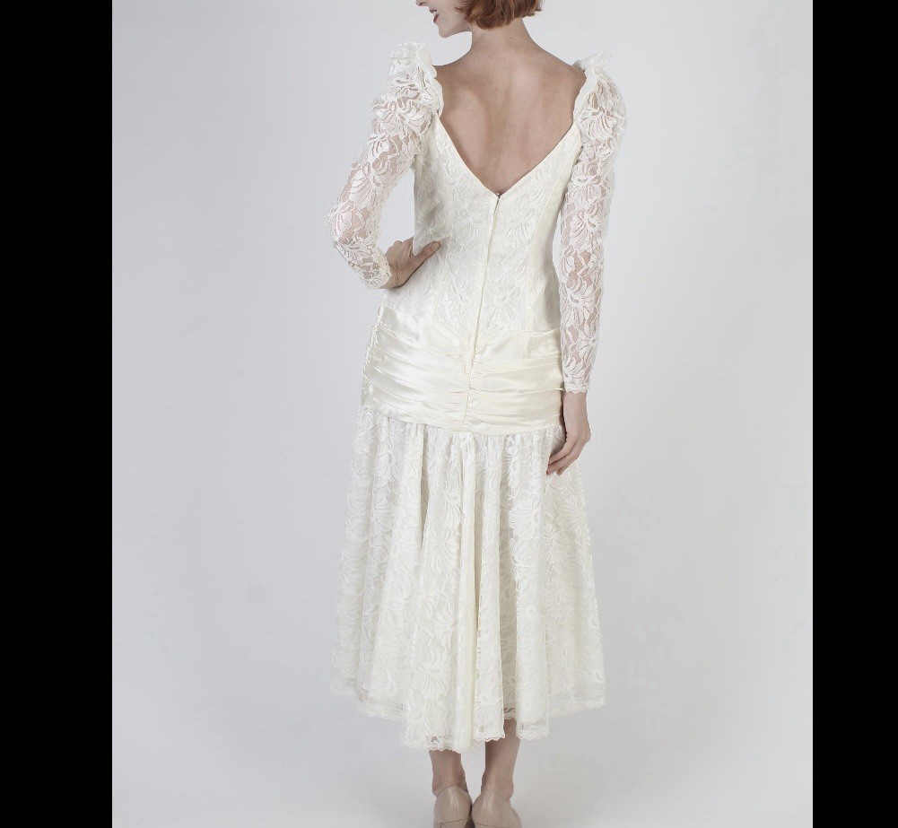 Vintage 80s Bonnell White Lace Chiffon Hi Lo Dress Wedding Prom Party Deco Sz M