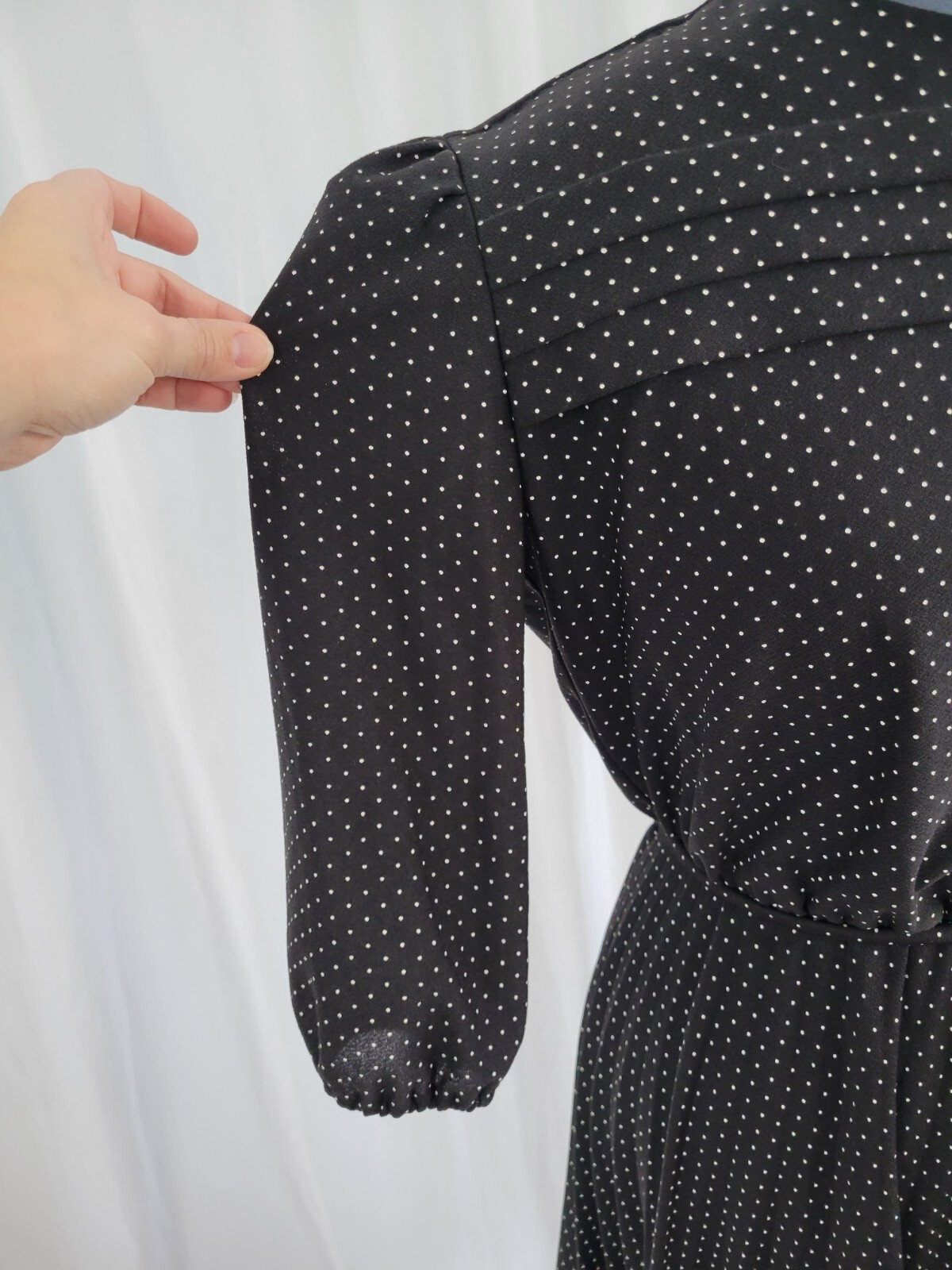 Vtg Earth Angel Dress in Black w Cream Polka Dots/Tie Waist/Pleated Skirt 15/16
