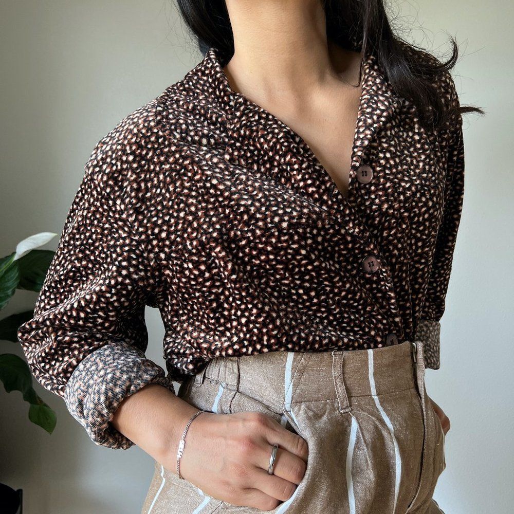 vtg 90s Clio velvet jacket blouse brown black leopard shirt size Large button up