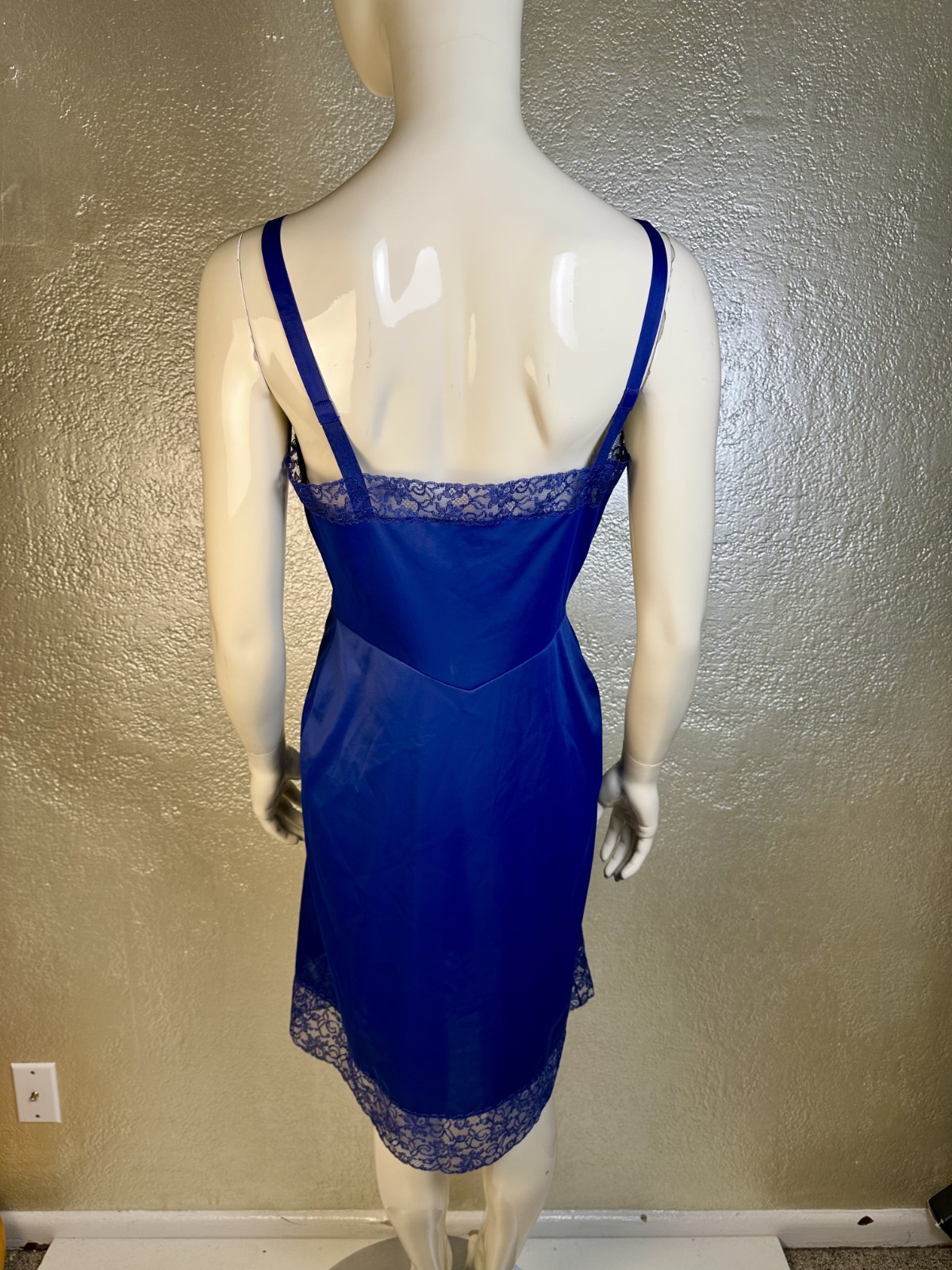 Vintage 1950’s LAROS Bright Blue Dress Slip Nylon Nightgown Sheer Lace S/M