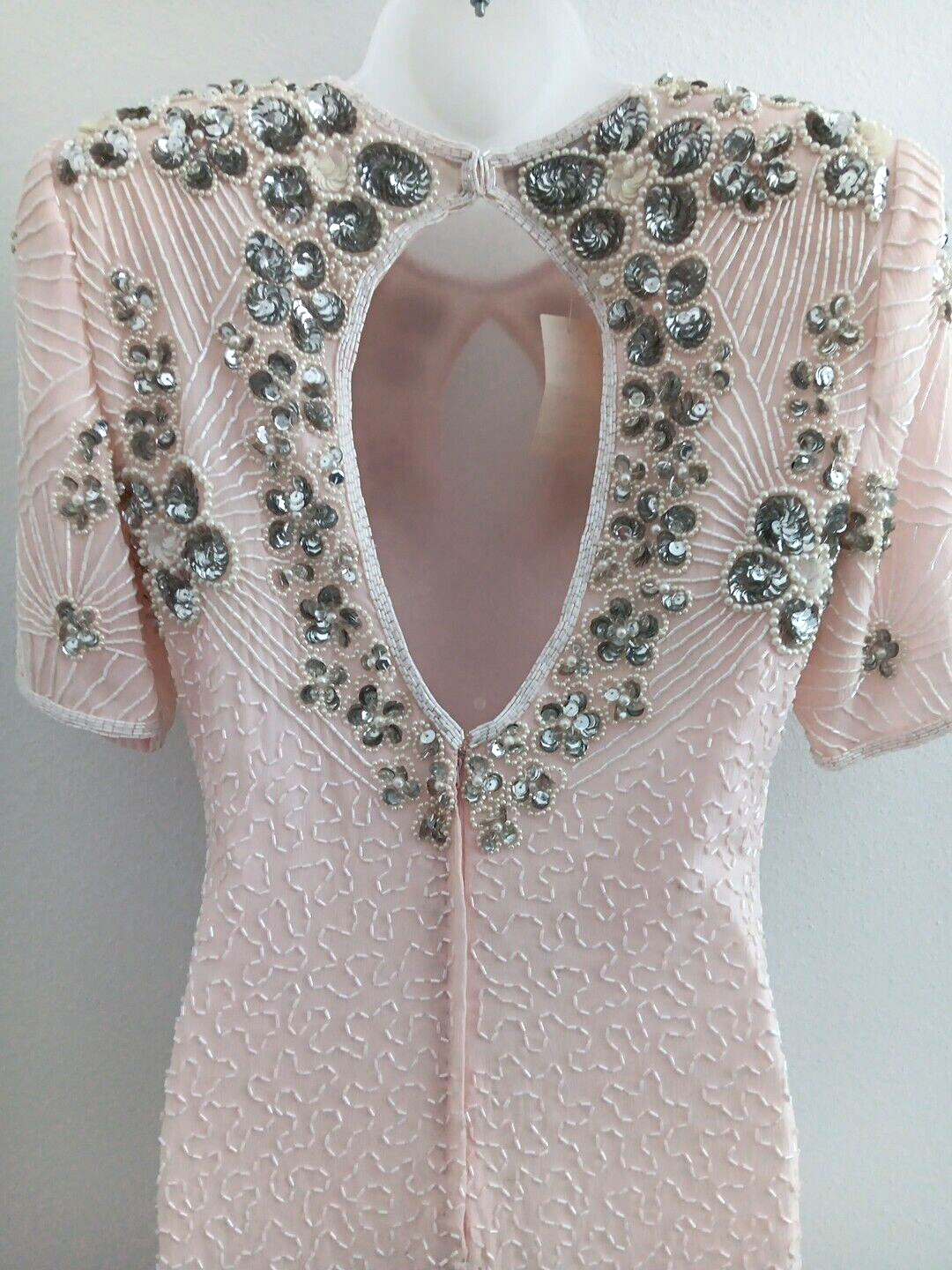 Jennifer Evening Gown Medium Light Pink Midi Silk Bead Sequin Keyhole NEW Bridal