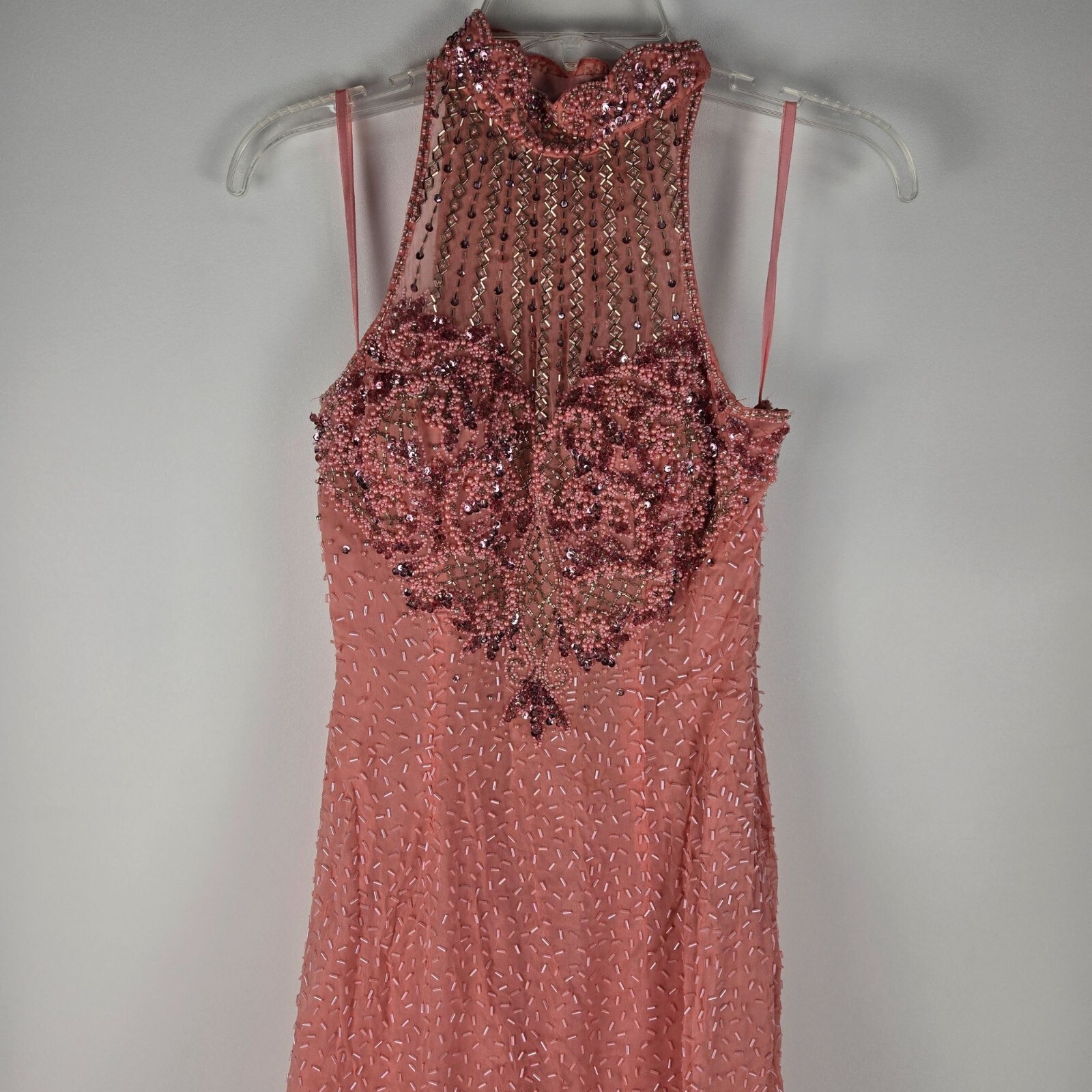 Vintage Alyce Designs 90s Sleeveless Pink Beaded High Neck Floor-Length Dress-10