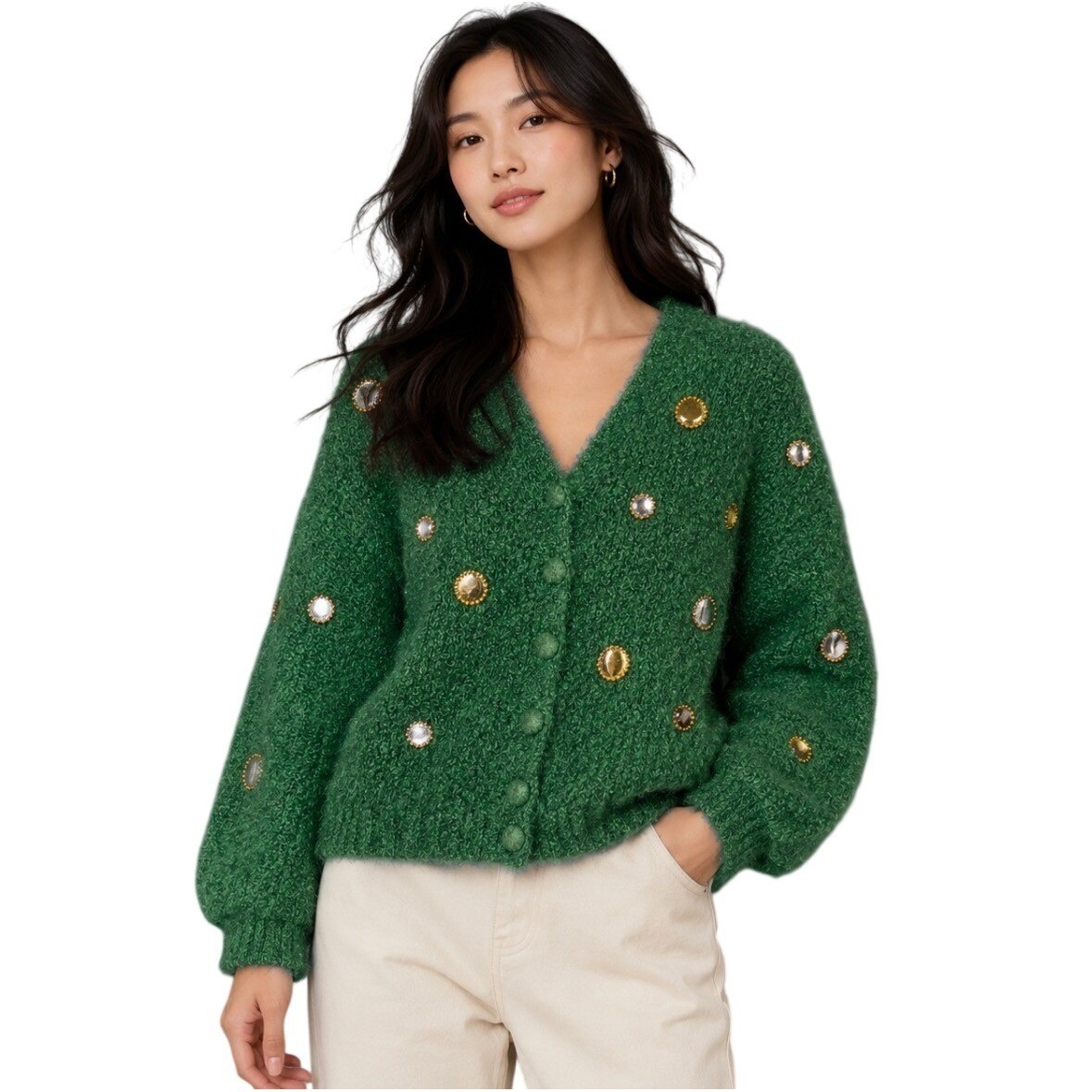 Vintage Jules Tabach California Green Boucle Cardigan Mirror Studded Sweater