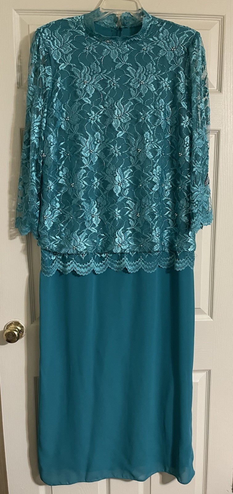 Vtg Glatter & Sims Formal Dress 46 Bust Teal Full-Length Lace Beaded Bodice L/XL