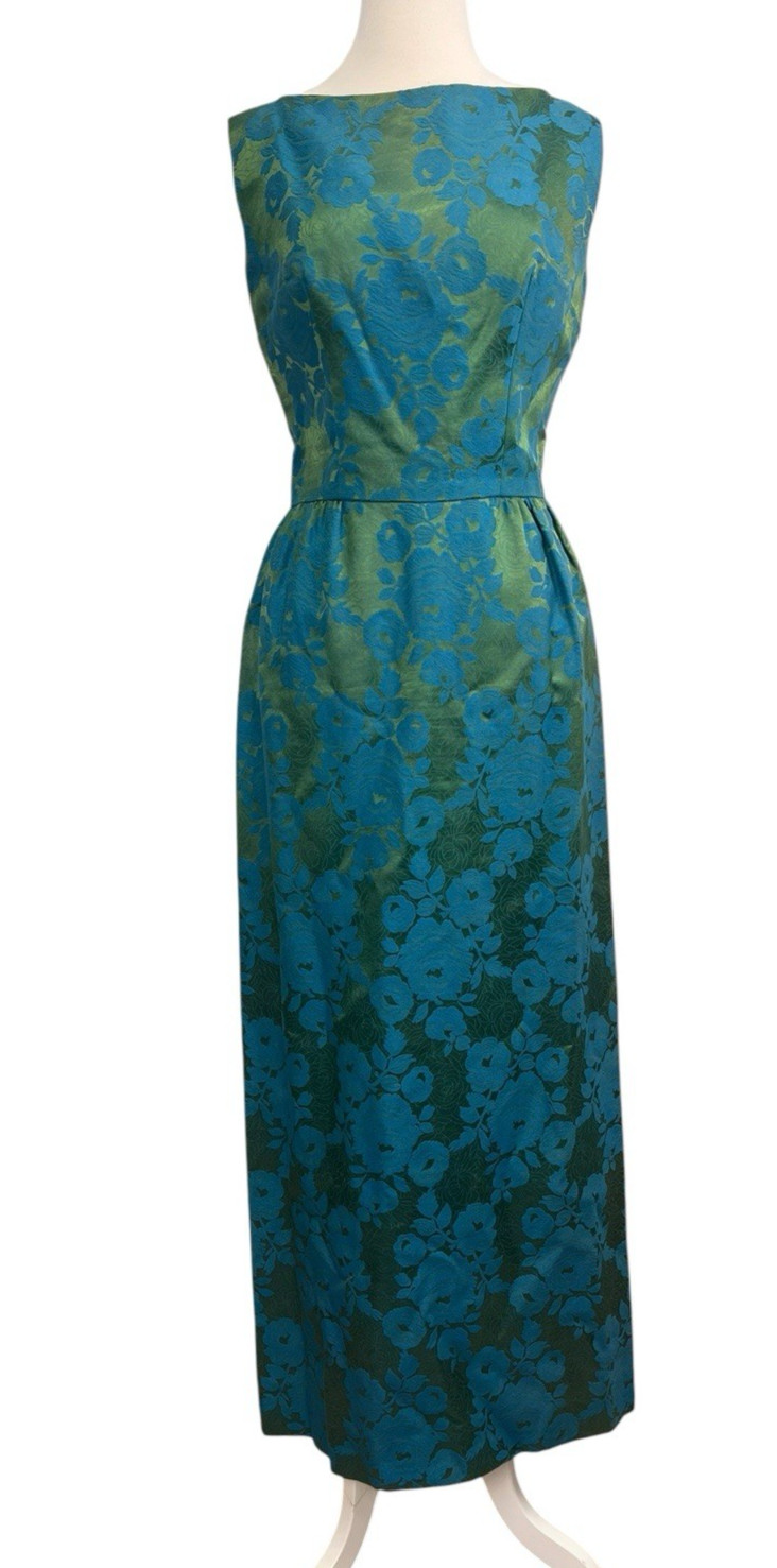 1960s Brocade Column Maxi Evening Dress Emerald Green Blue Floral Medium Large