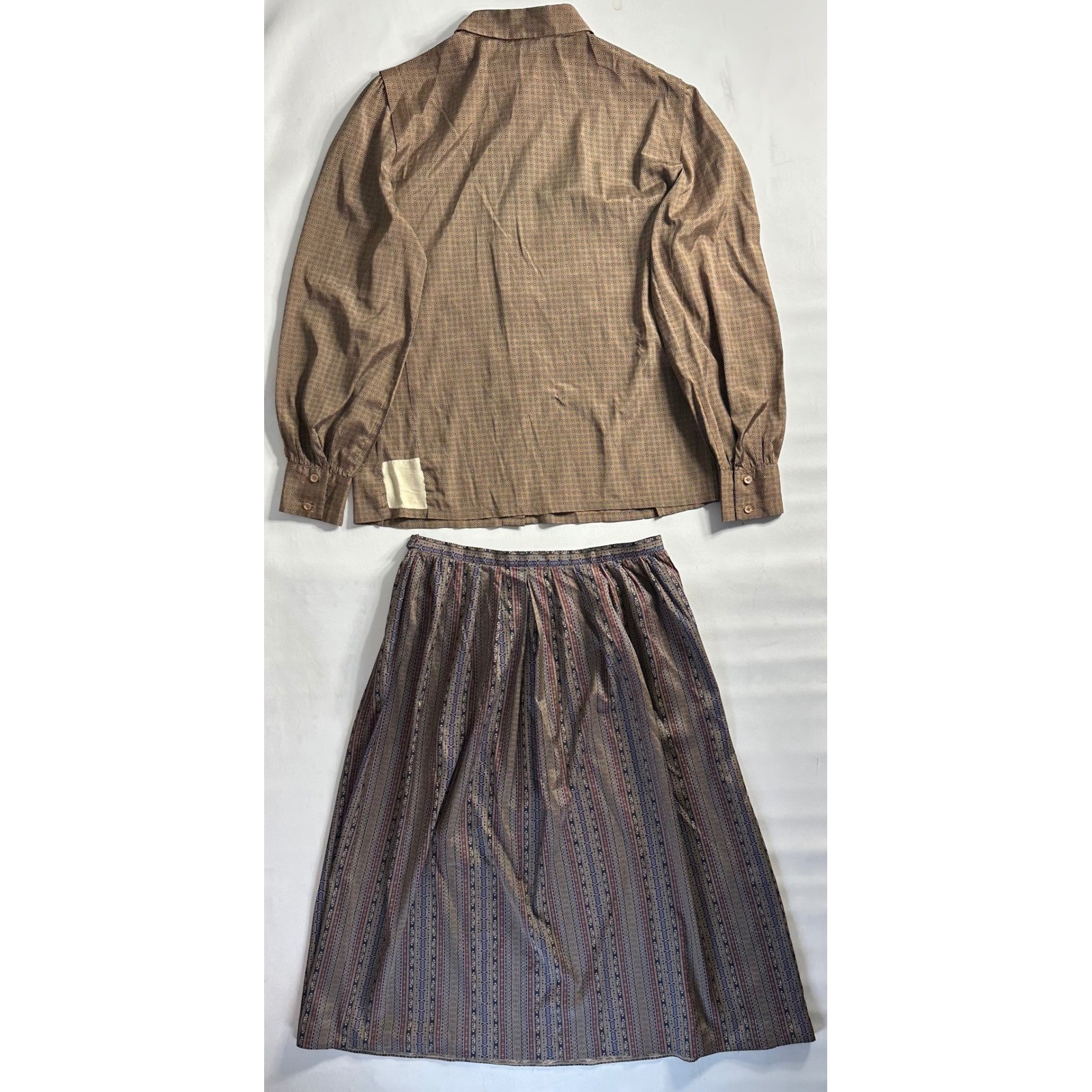Dalton Vintage 2 Piece Skirt Set Brown Geometric Button Up Blouse Pleated Midi