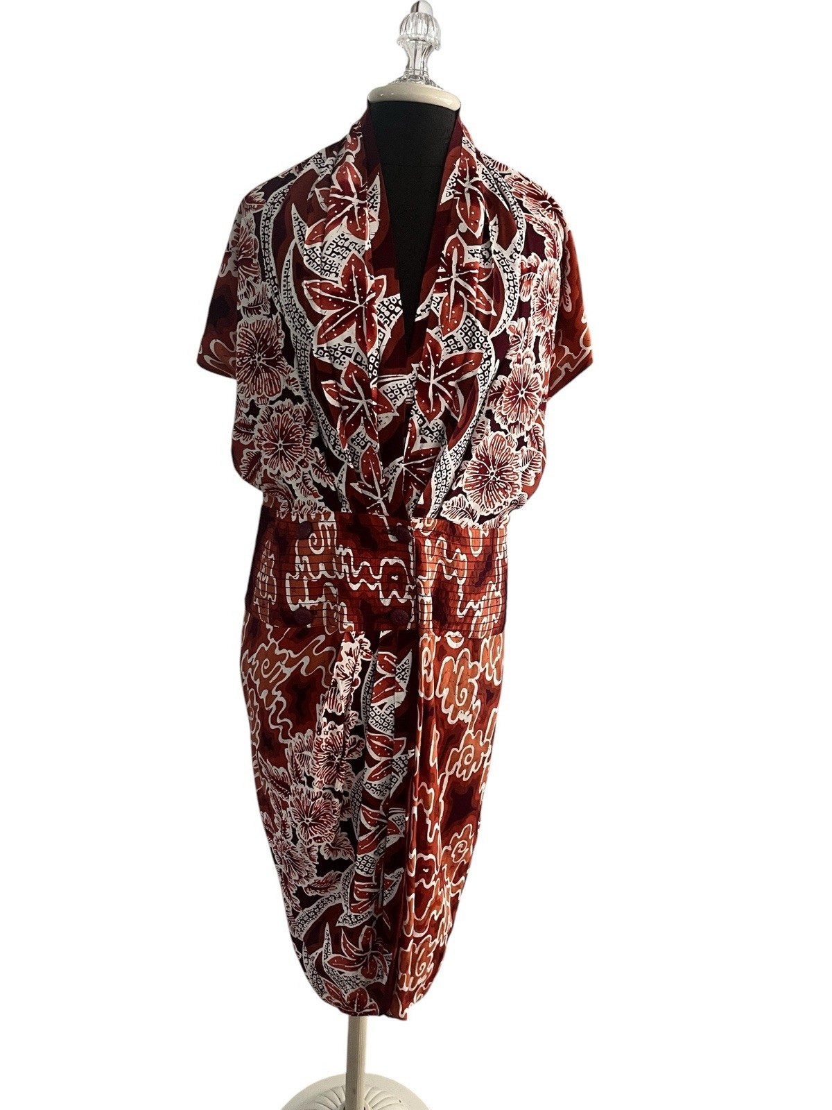 Vintage Barbara Barbara Rayon Wrap Effect Batik Print Dress Rust Cream Large
