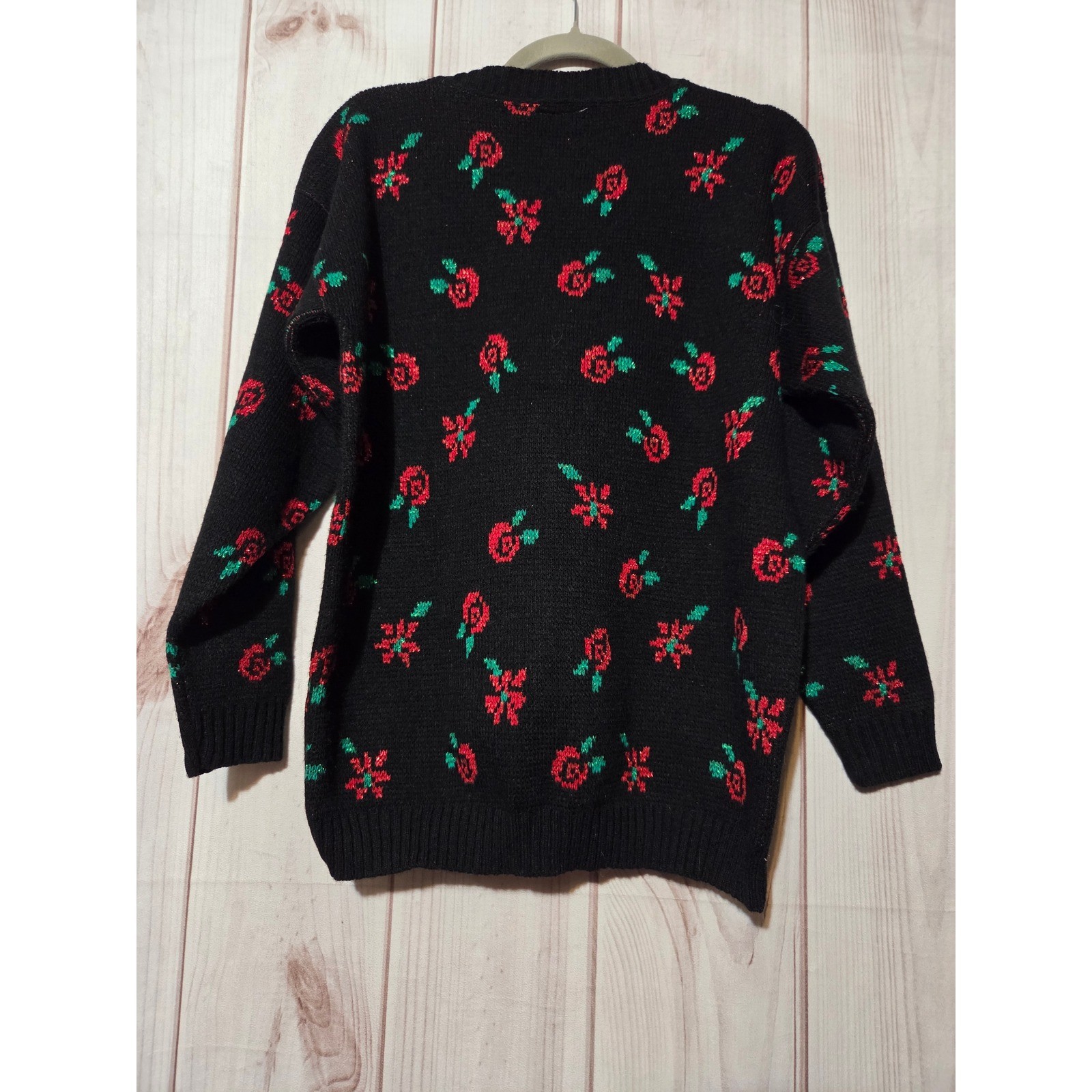 GFC Vintage Rose Floral Metallic Knit Sweater Black Red Green USA Whimsigoth M