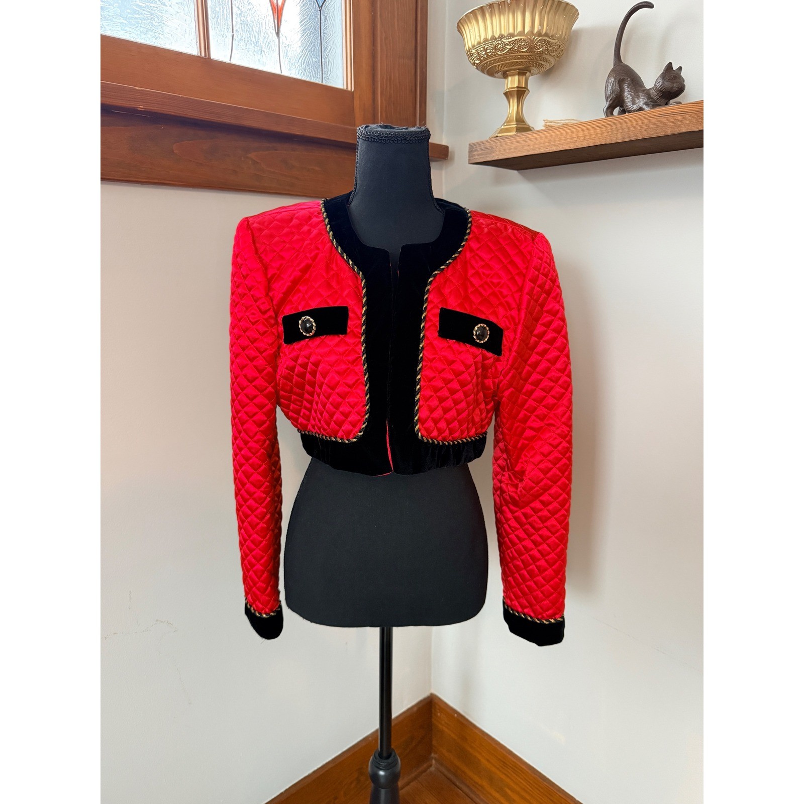 Vintage 80s Karen Lucas for Niki Red Quilted Velvet Trim Cropped Jacket Size M/L