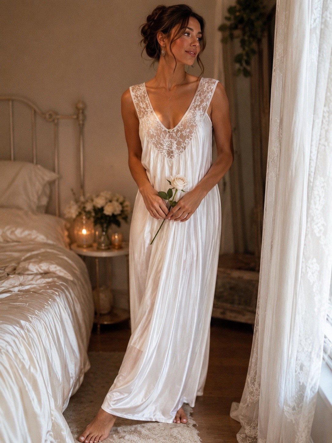 Koret White Nylon and Lace Nightgown Bridal Boudoir Romantic Vintage Medium USA
