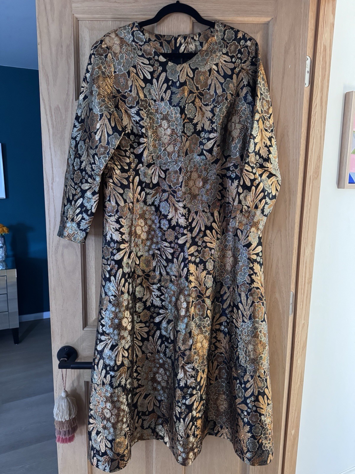 60’s Gold Metallic Textured Brocade Dress VTG Cocktail Midi – Medium