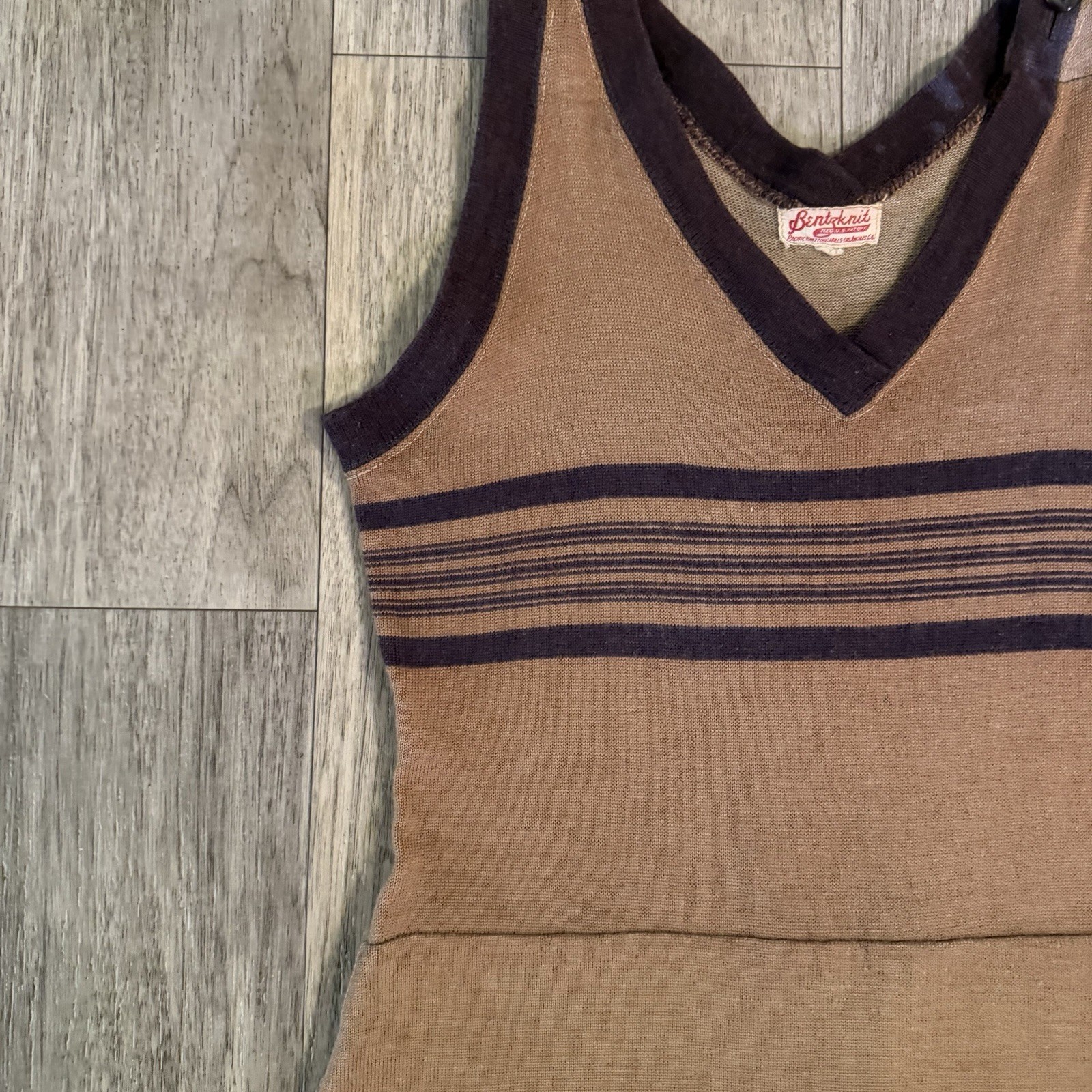 Vintage 1920s Bentzknit Wool Swimsuit Antique Bathing Suit Womens Brown Striped