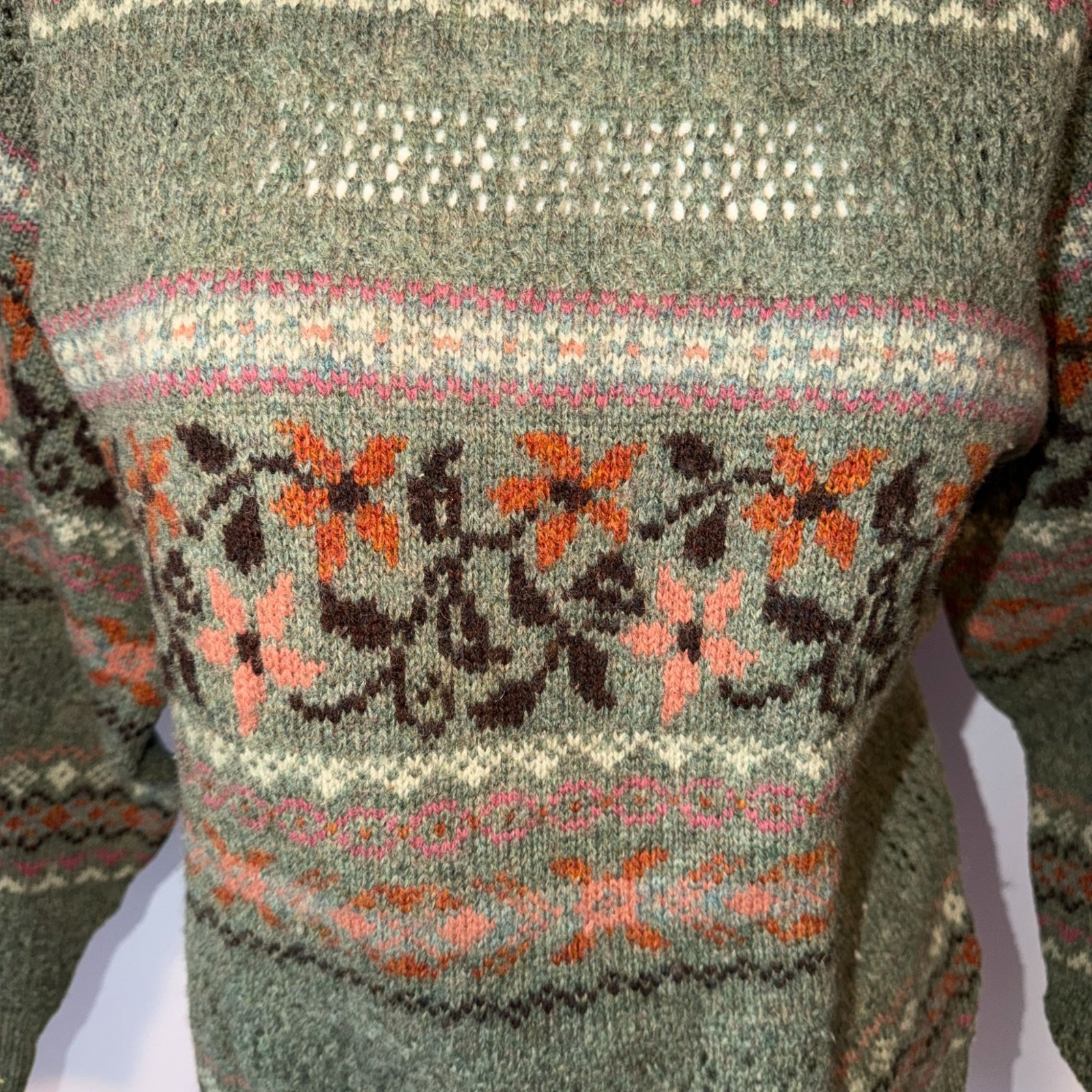 Vintage 90s Laura Ashley Sweater S Wool Fair Isle Cottagecore Scotland Boho Pink