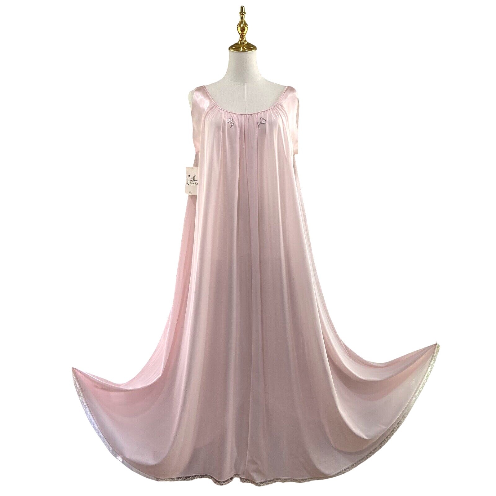 NWT Vintage 90s Lucie Ann Pastel Pink Nylon Full Sweep Maxi Nightgown Size P